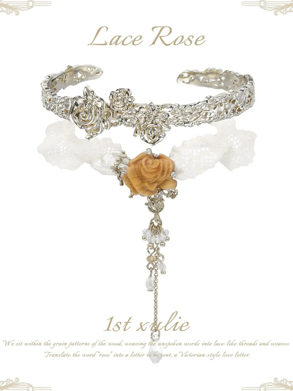 1ST XULIE Jewelry "Lace Rose" Victorian Lace Rose Tassel Charm Bracelet in 18K Gold Plated - Angle 2