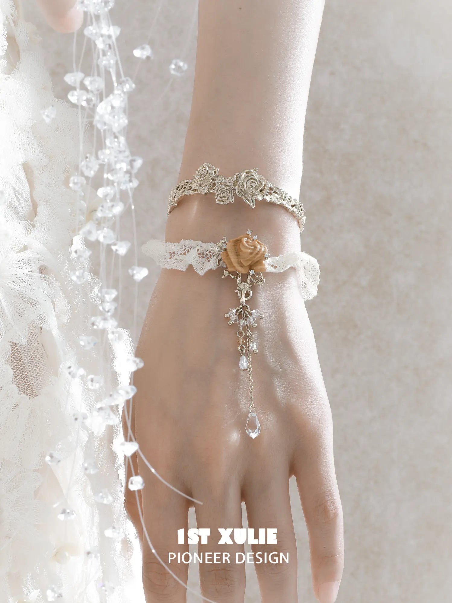 1ST XULIE Jewelry "Lace Rose" Victorian Lace Rose Tassel Charm Bracelet in 18K Gold Plated - Detail Shot