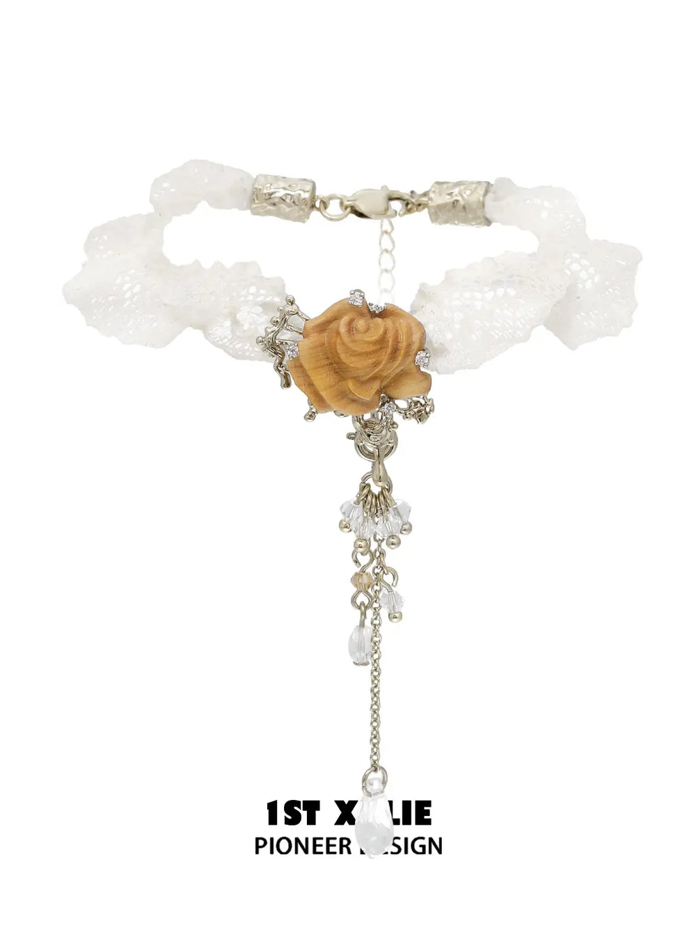 1ST XULIE Jewelry "Lace Rose" Victorian Lace Rose Tassel Charm Bracelet in 18K Gold Plated - On Model Close Up