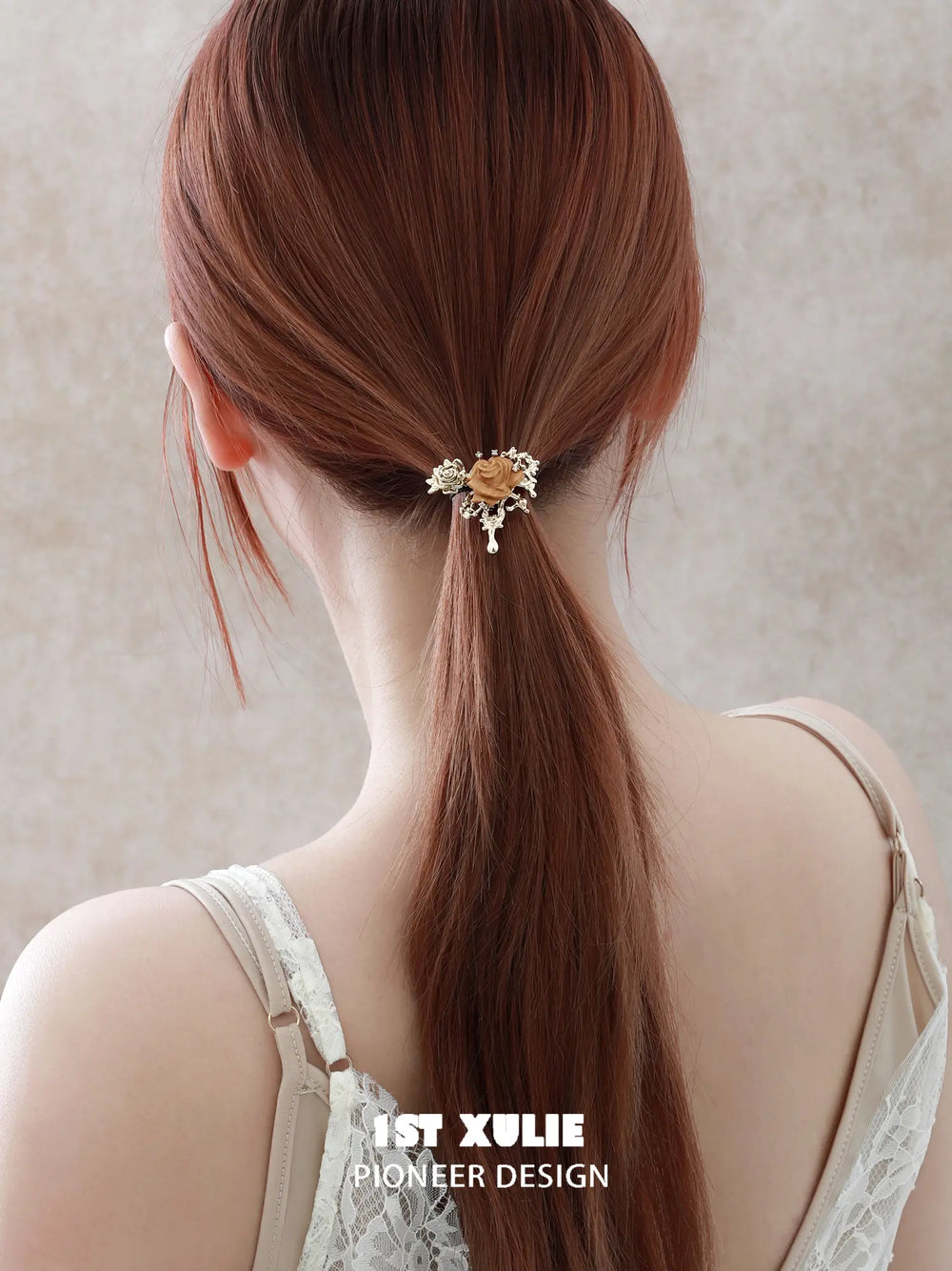 1ST XULIE Jewelry "Lace Rose" Victorian Lace Rose Hair Clip in 18K Gold Plated Brass - Angle View