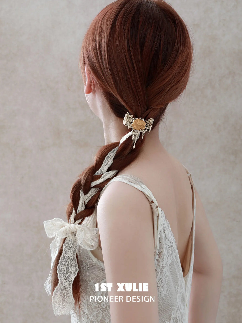 1ST XULIE Jewelry "Lace Rose" Victorian Lace Rose Hair Clip in 18K Gold Plated Brass - Detail Shot