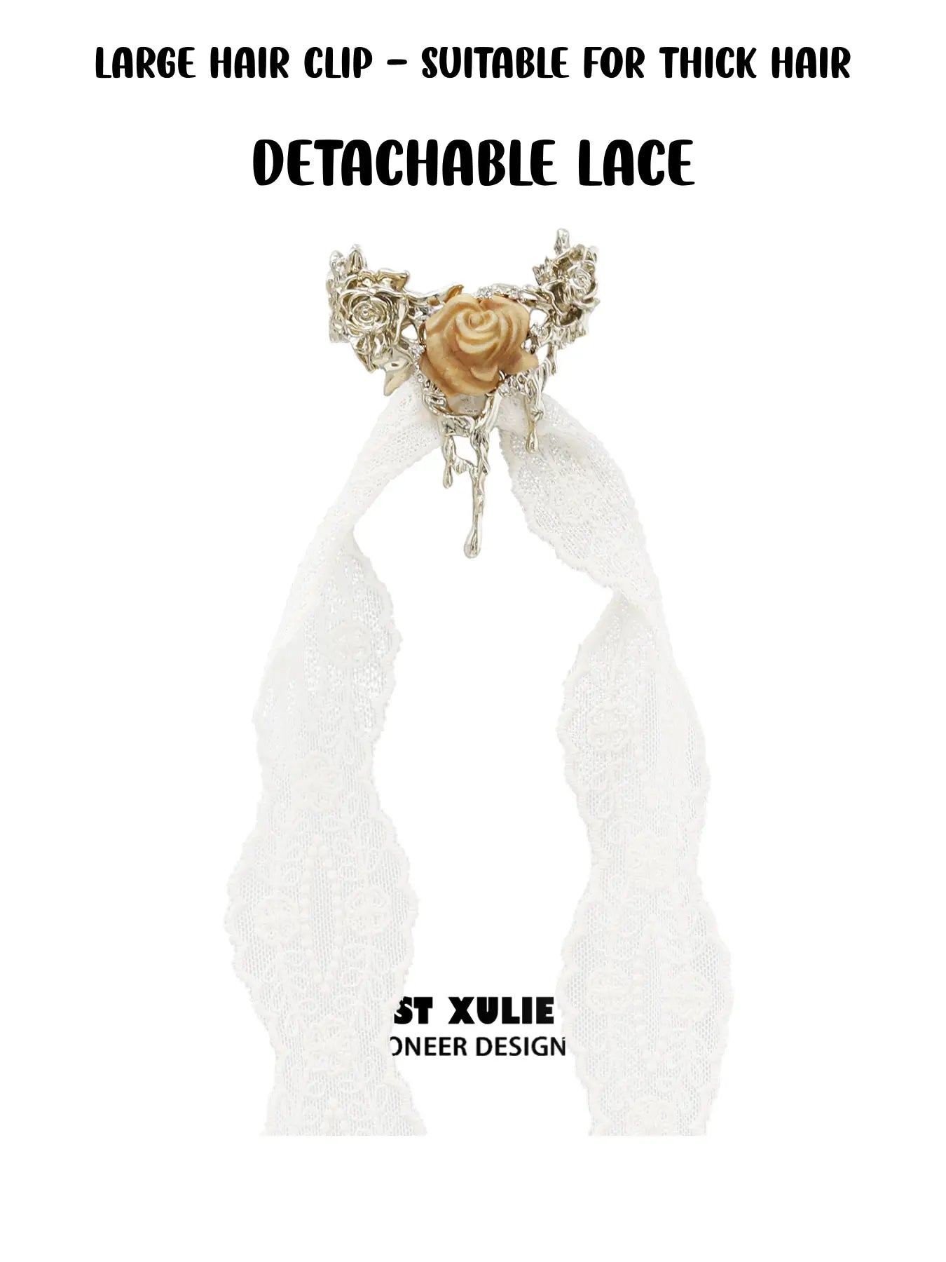 1ST XULIE Jewelry "Lace Rose" Victorian Lace Rose Hair Clip in 18K Gold Plated Brass - Lifestyle Shot