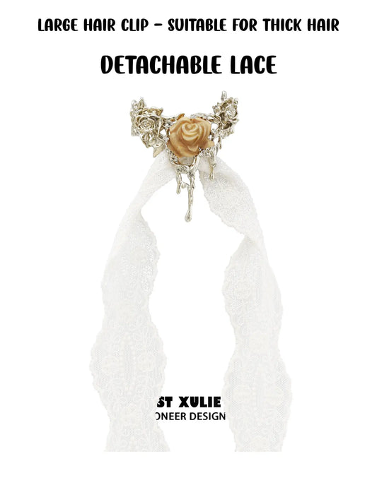 1ST XULIE Jewelry "Lace Rose" Victorian Lace Rose Hair Clip in 18K Gold Plated Brass - Lifestyle Shot