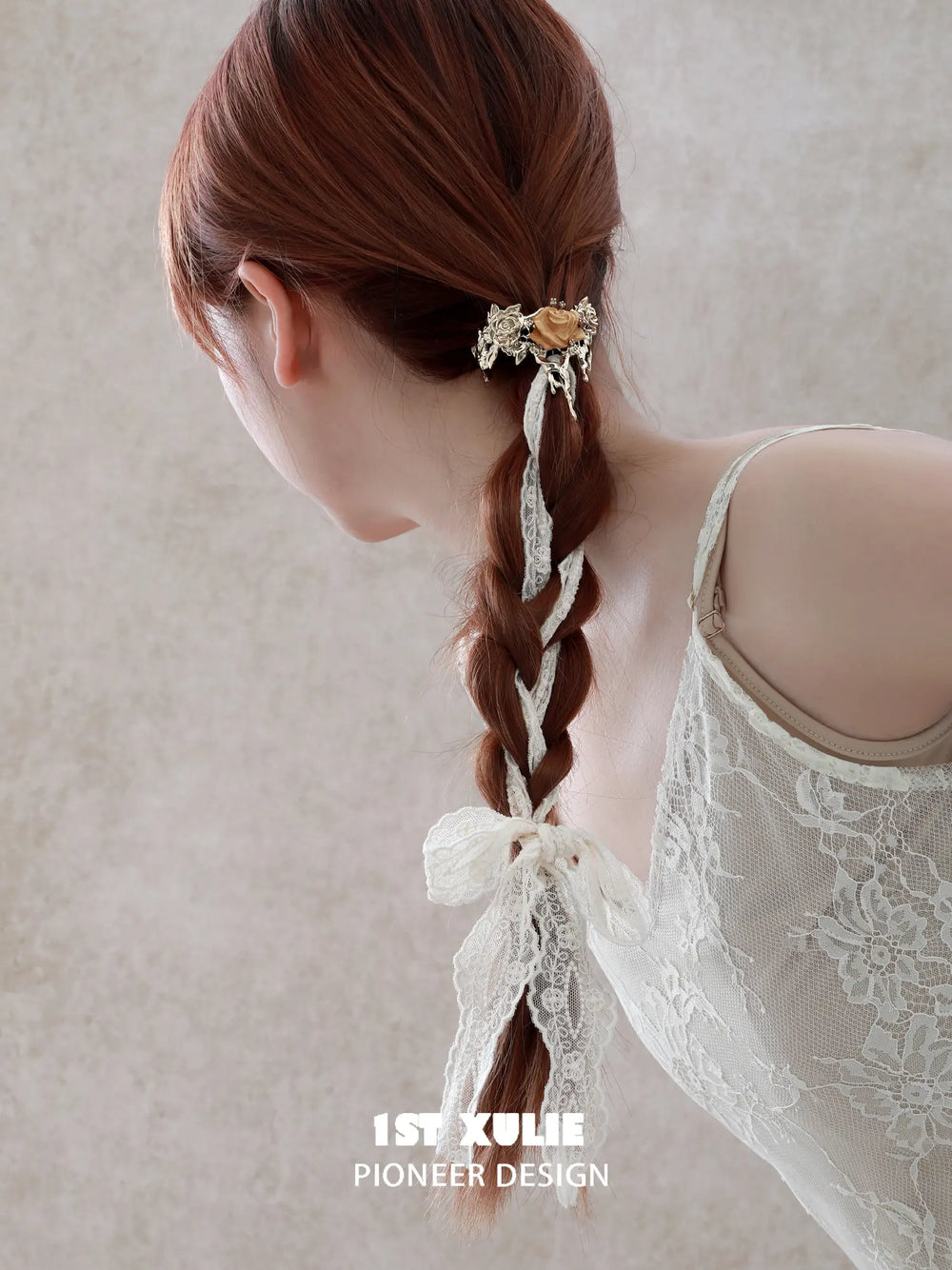 1ST XULIE Jewelry "Lace Rose" Victorian Lace Rose Hair Clip in 18K Gold Plated Brass - Product View