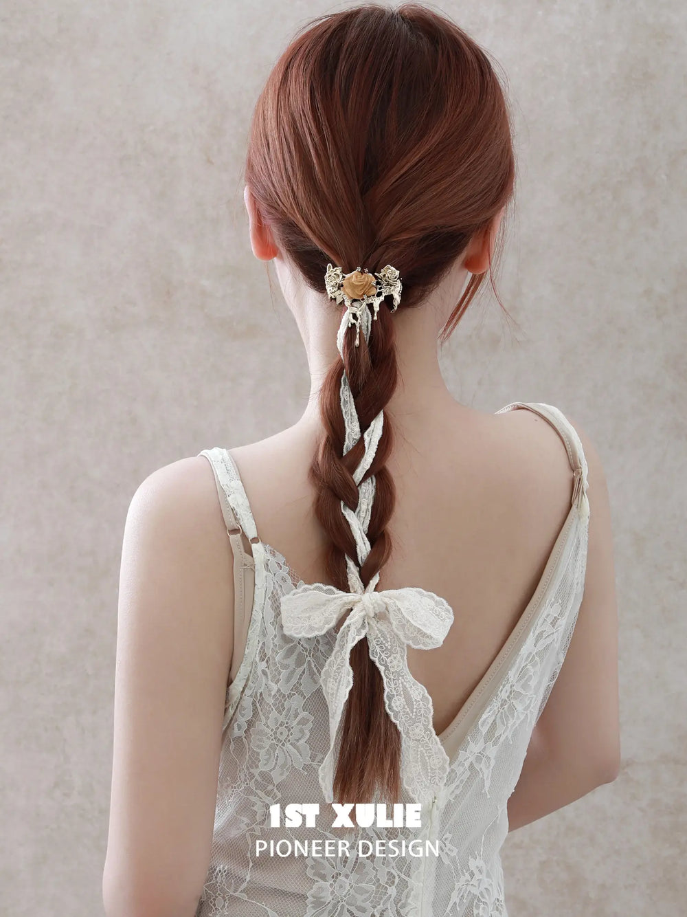 1ST XULIE Jewelry "Lace Rose" Victorian Lace Rose Hair Clip in 18K Gold Plated Brass - On Model