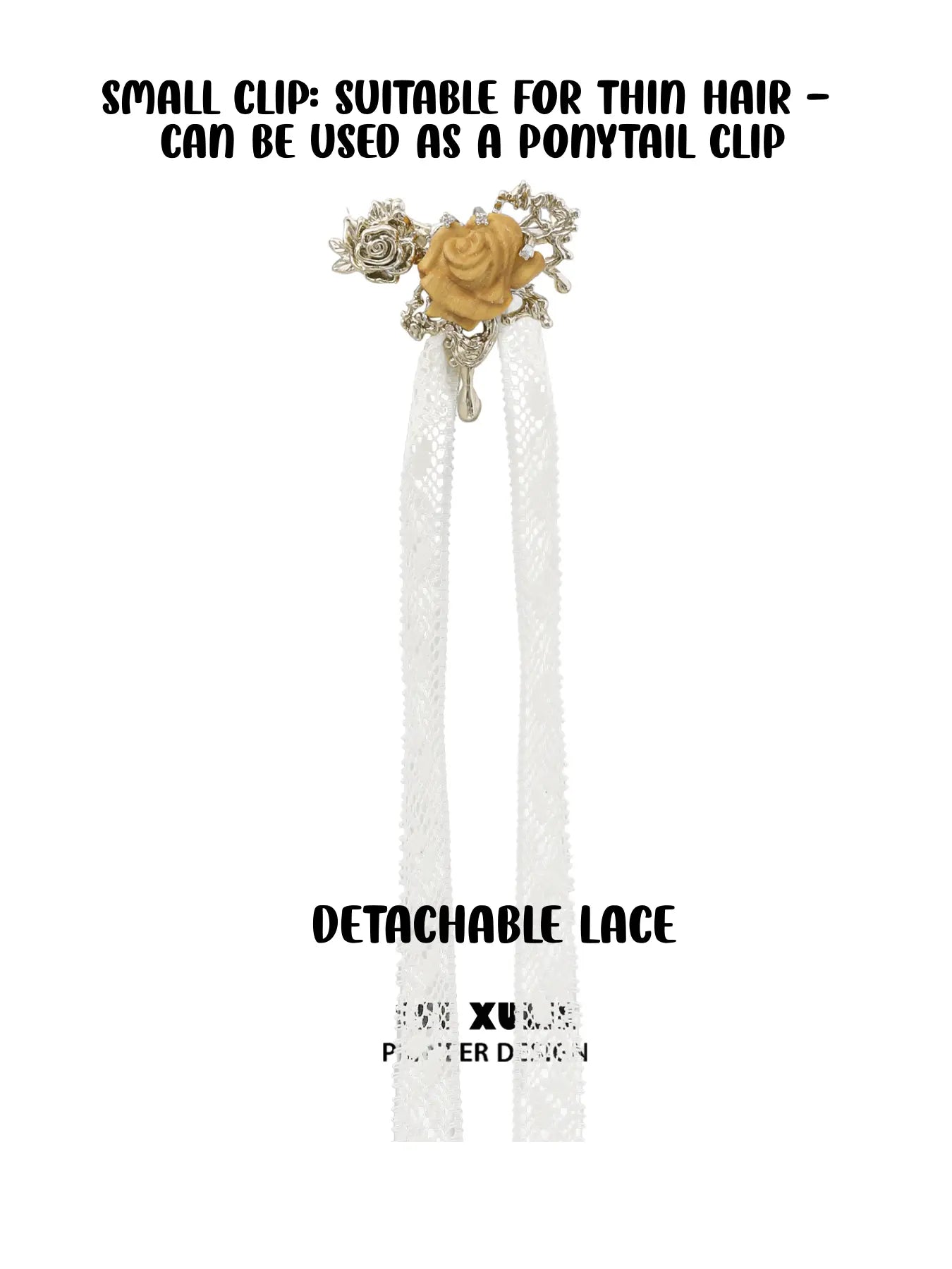 1ST XULIE Jewelry "Lace Rose" Victorian Lace Rose Hair Clip in 18K Gold Plated Brass - Packaging View