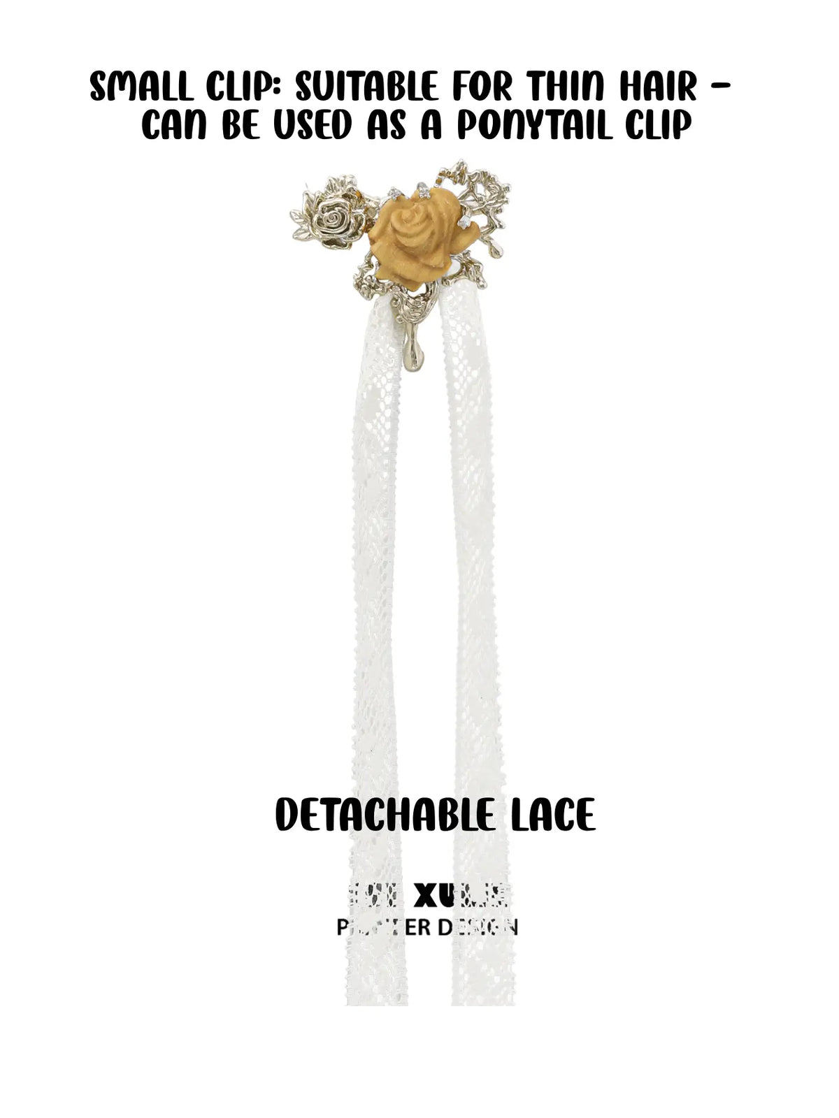 1ST XULIE Jewelry "Lace Rose" Victorian Lace Rose Hair Clip in 18K Gold Plated Brass - Packaging View