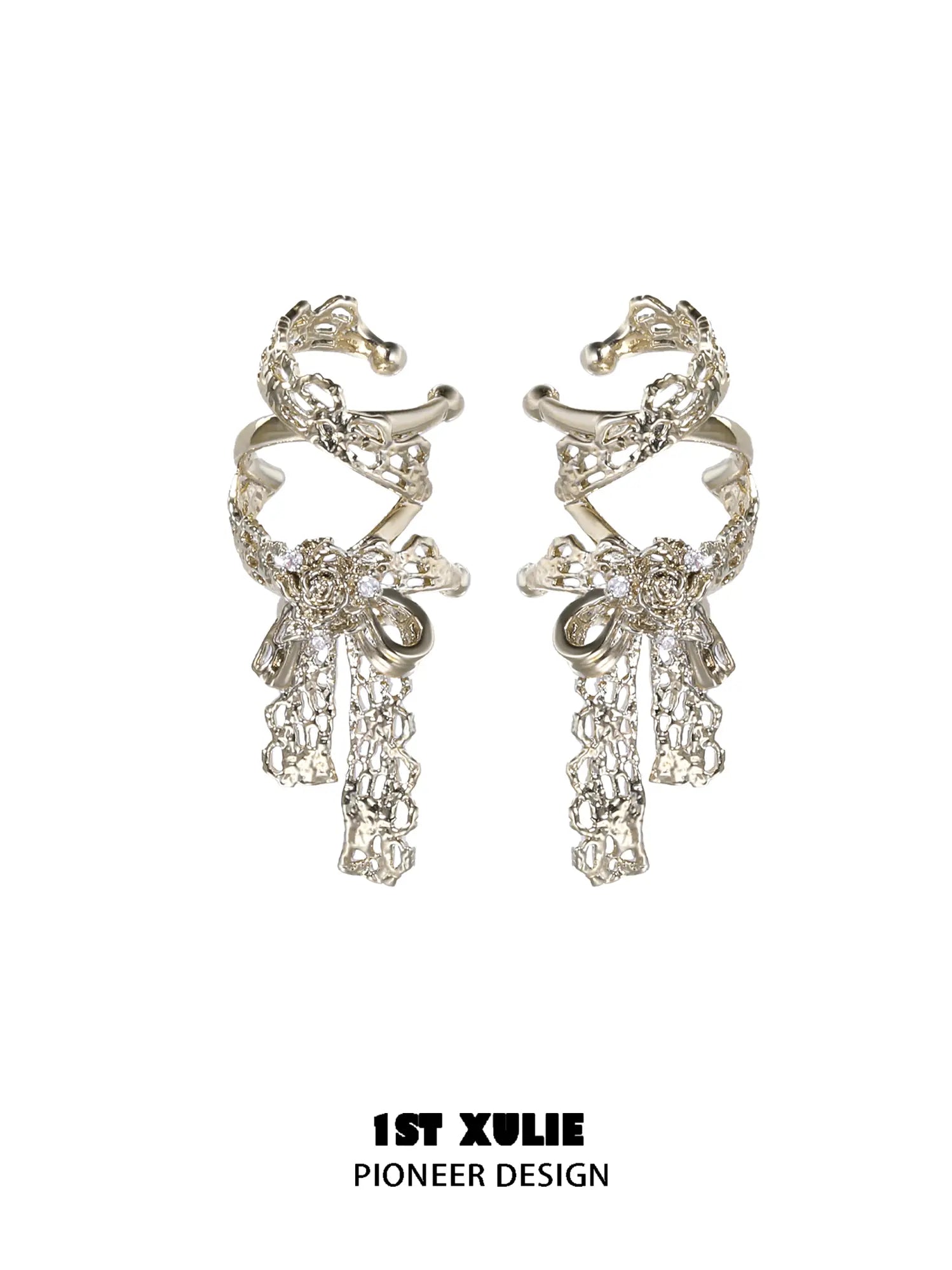 1ST XULIE Jewelry "Lace Rose" Vintage Bow Ear Cuffs in 18K Gold Plated - Back View