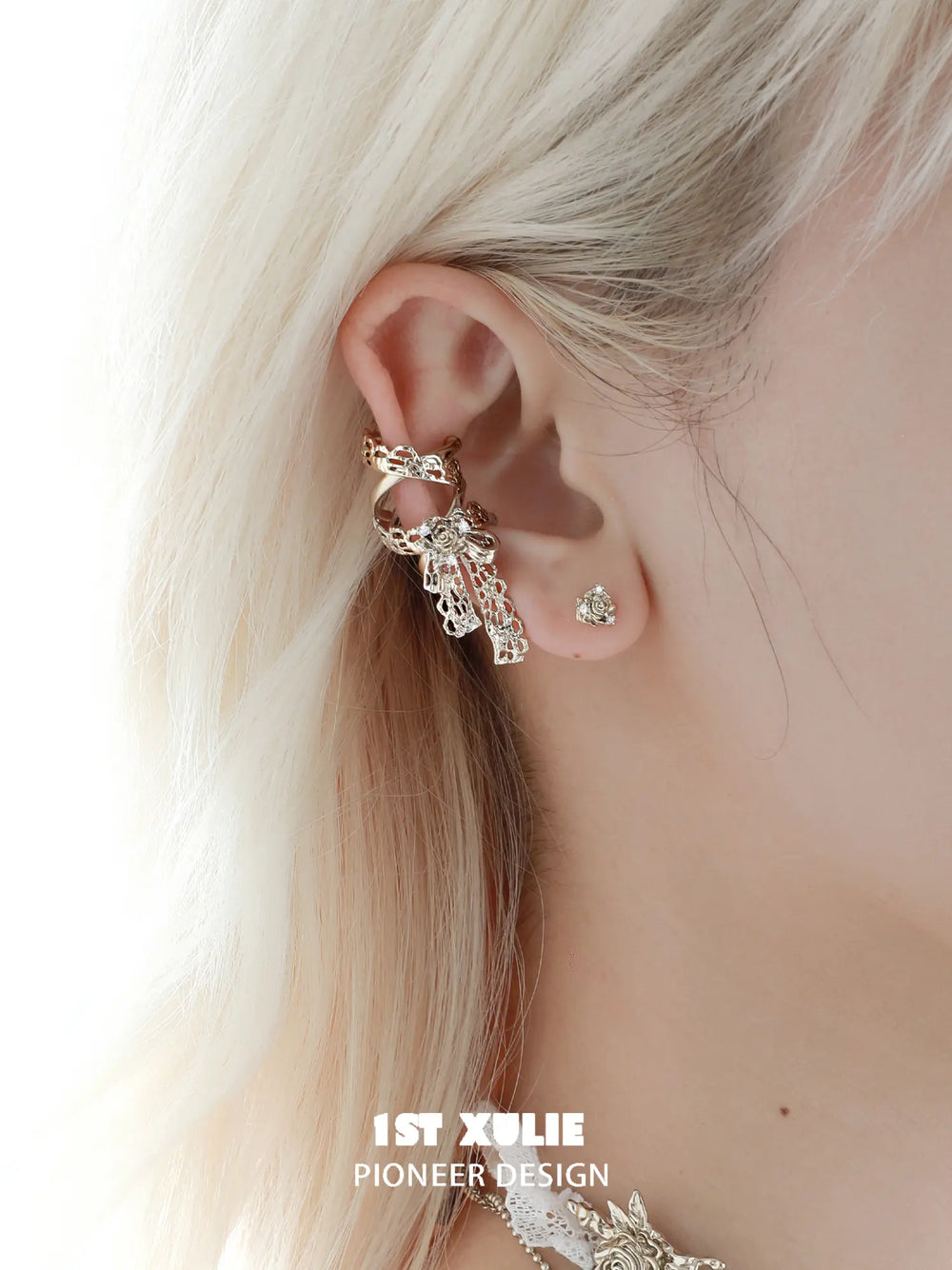 1ST XULIE Jewelry "Lace Rose" Vintage Bow Ear Cuffs in 18K Gold Plated - On Model