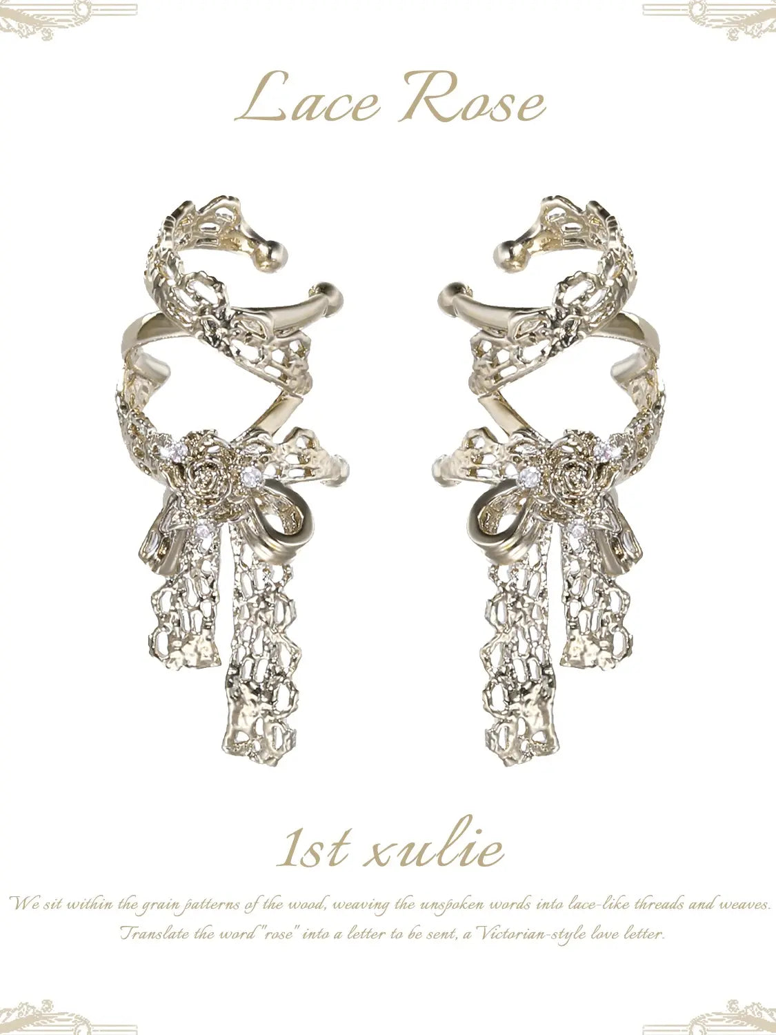 1ST XULIE Jewelry "Lace Rose" Vintage Bow Ear Cuffs in 18K Gold Plated - Texture