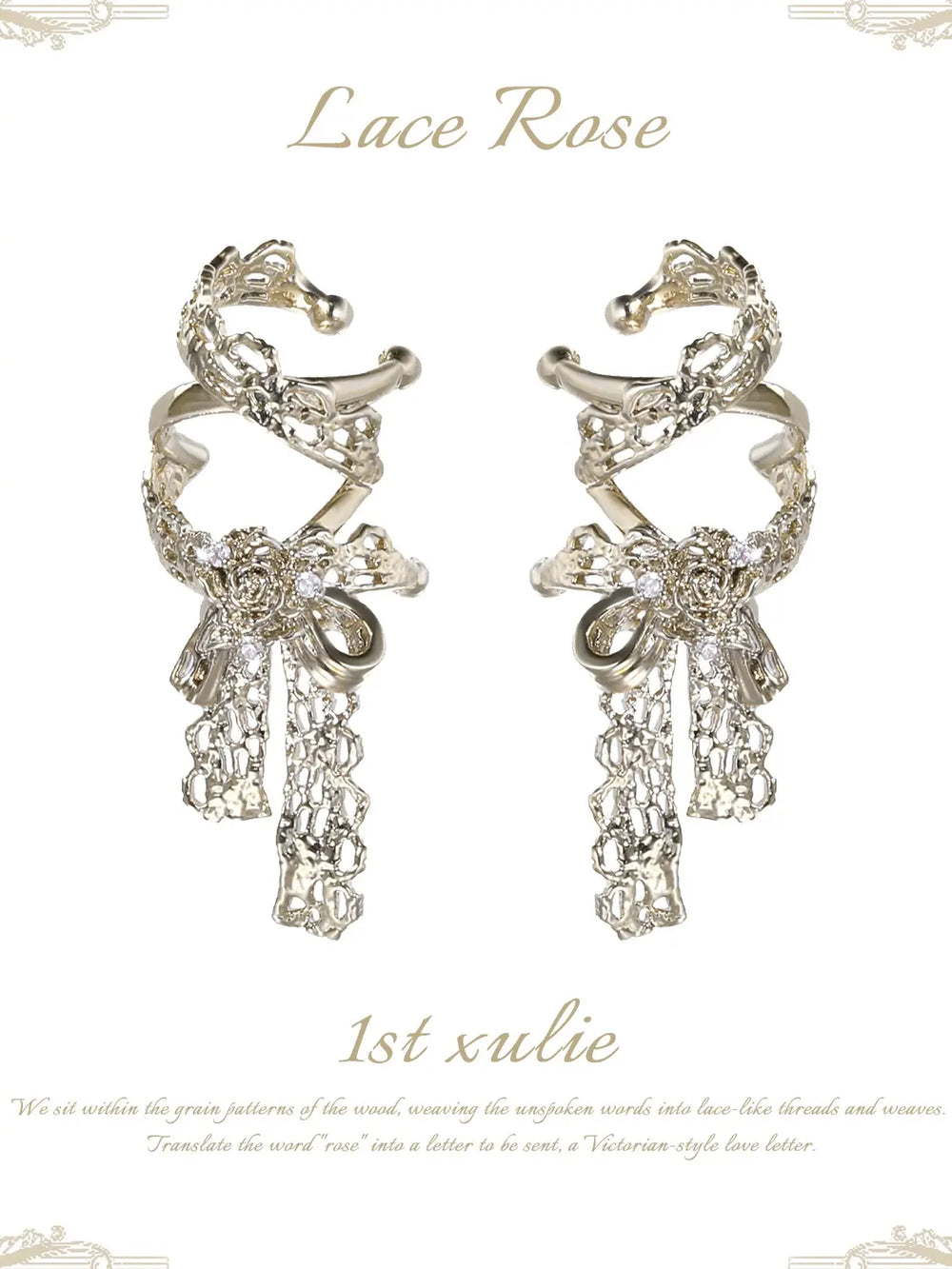1ST XULIE Jewelry "Lace Rose" Vintage Bow Ear Cuffs in 18K Gold Plated - Texture