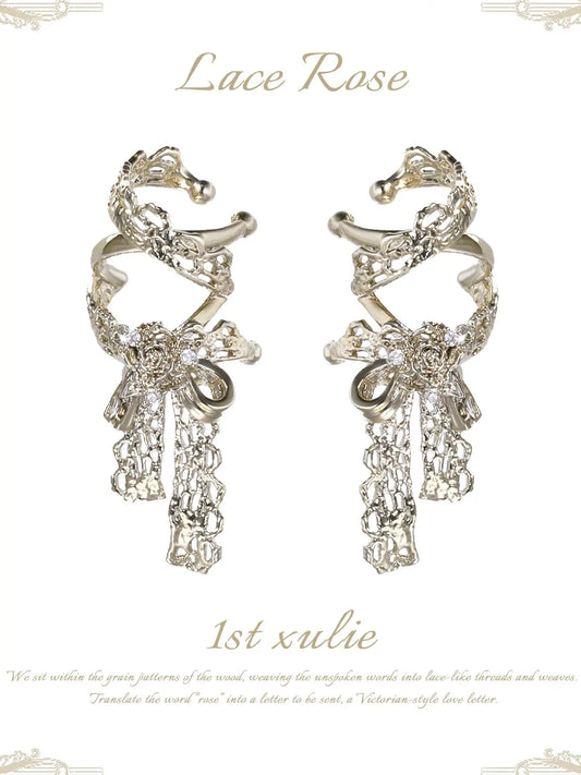 1ST XULIE Jewelry "Lace Rose" Vintage Bow Ear Cuffs in 18K Gold Plated - Texture