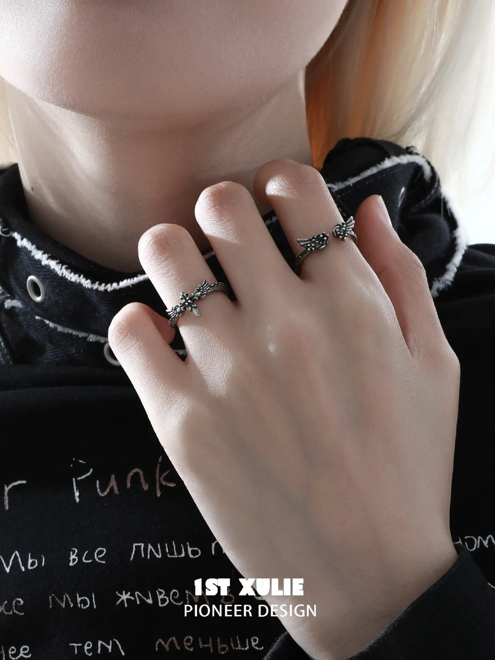1ST XULIE Jewelry "FALLEN ANGEL" Vintage Fallen Angel Cross Ring in 925 Sterling Silver - Angle 1