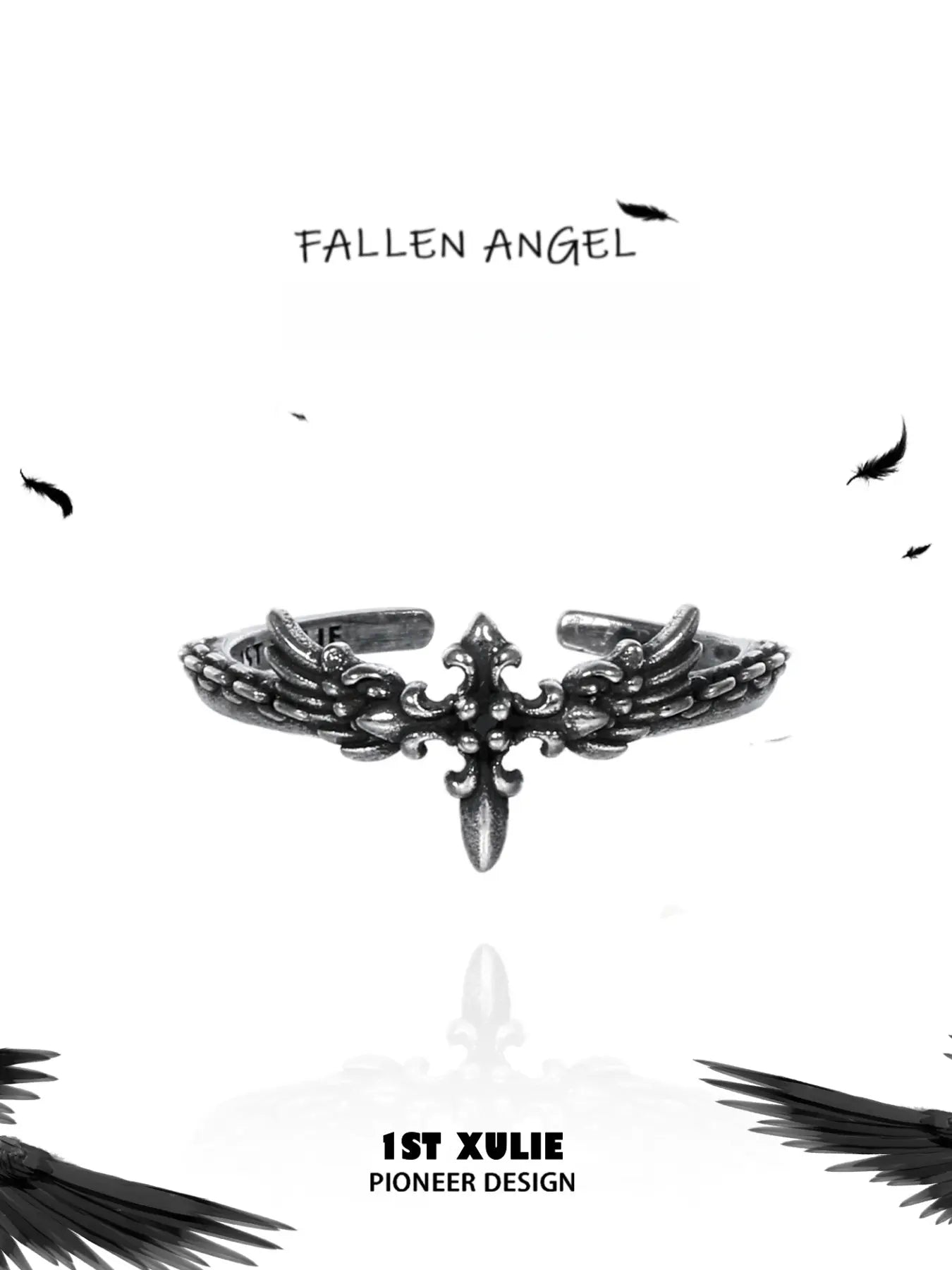 1ST XULIE Jewelry "FALLEN ANGEL" Vintage Fallen Angel Cross Ring in 925 Sterling Silver - Texture Detail