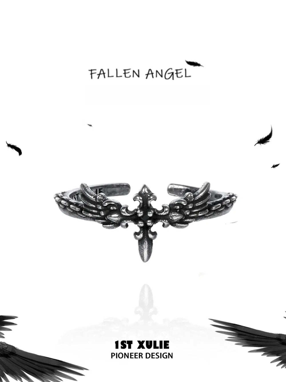 1ST XULIE Jewelry "FALLEN ANGEL" Vintage Fallen Angel Cross Ring in 925 Sterling Silver - Texture Detail