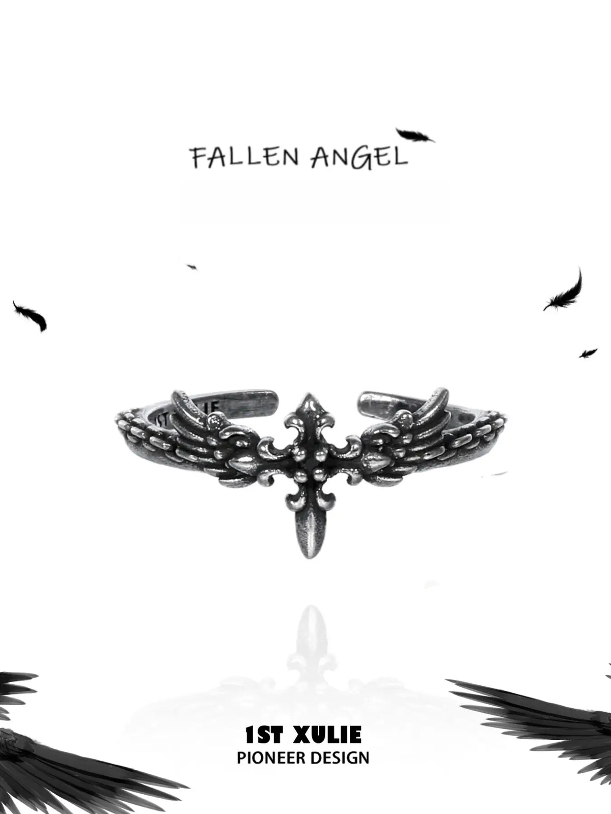 1ST XULIE Jewelry "FALLEN ANGEL" Vintage Fallen Angel Cross Ring in 925 Sterling Silver - Texture Detail