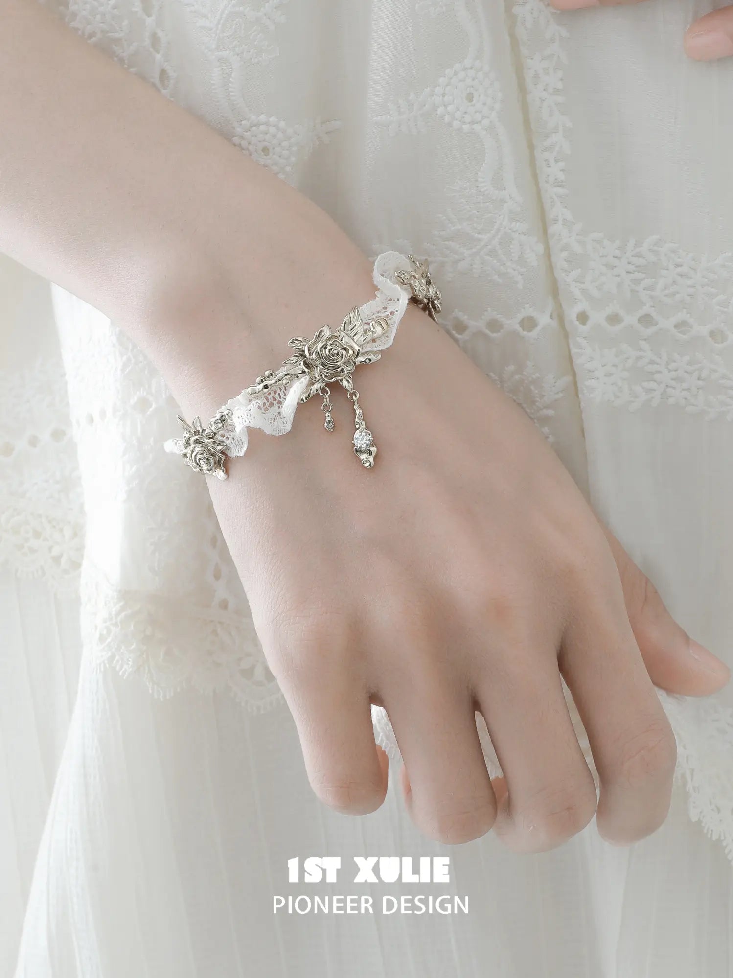 1ST XULIE Jewelry "Lace Rose" Vintage Floral Charm Bracelet in 18K Gold Plated - Lifestyle Shot