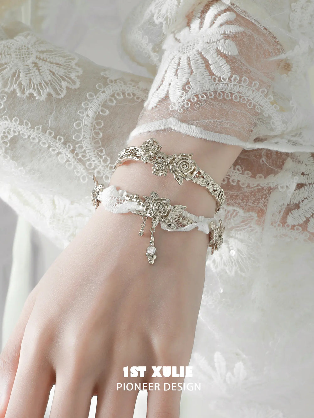 1ST XULIE Jewelry "Lace Rose" Vintage Floral Charm Bracelet in 18K Gold Plated - On Model