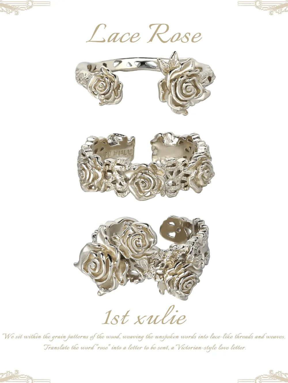 1ST XULIE Jewelry "Lace Rose" Vintage Floral Lace Rose Adjustable Ring in Light Gold Plated Brass - Detail Shot