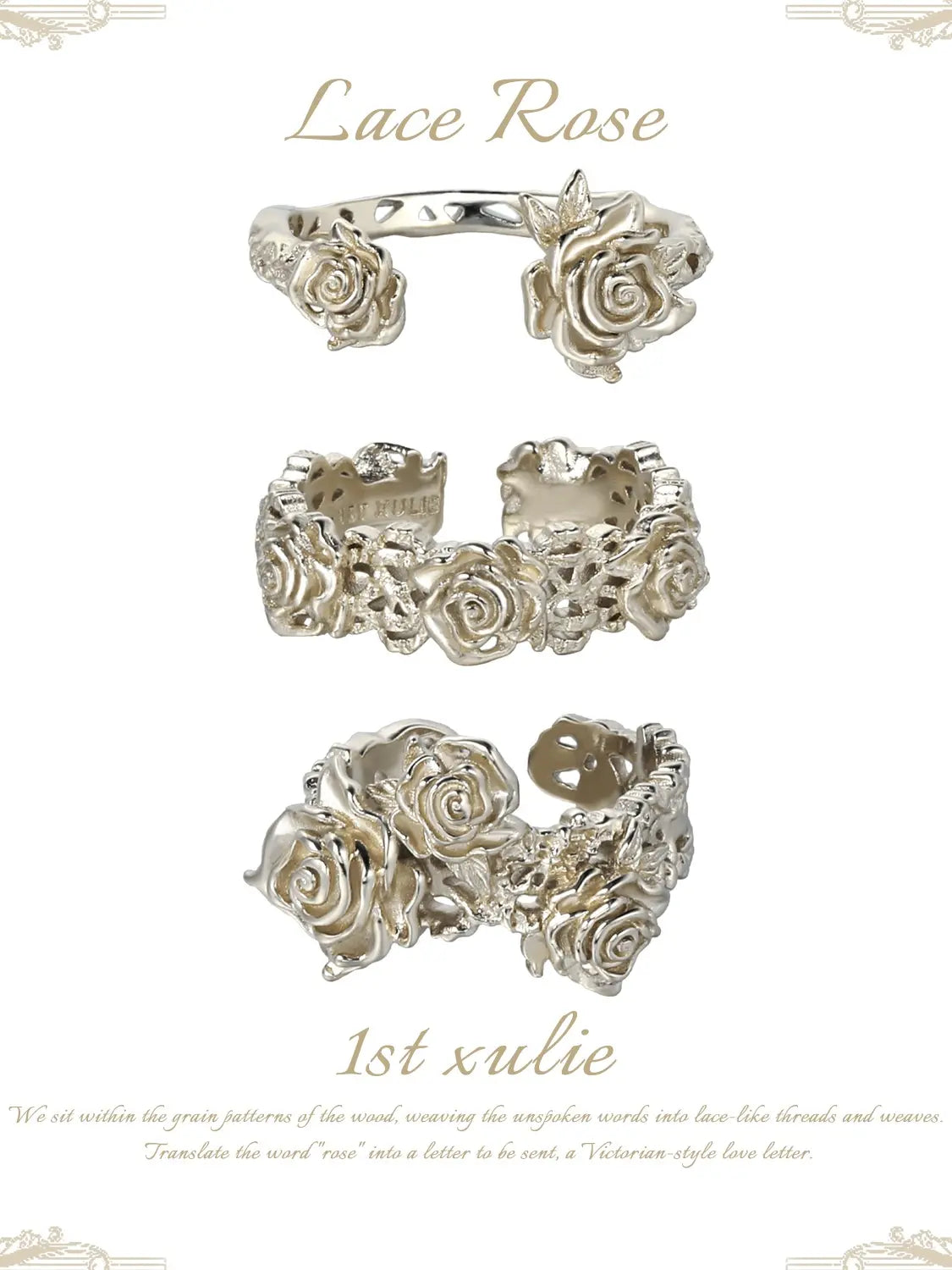 1ST XULIE Jewelry "Lace Rose" Vintage Floral Lace Rose Adjustable Ring in Light Gold Plated Brass - Detail Shot