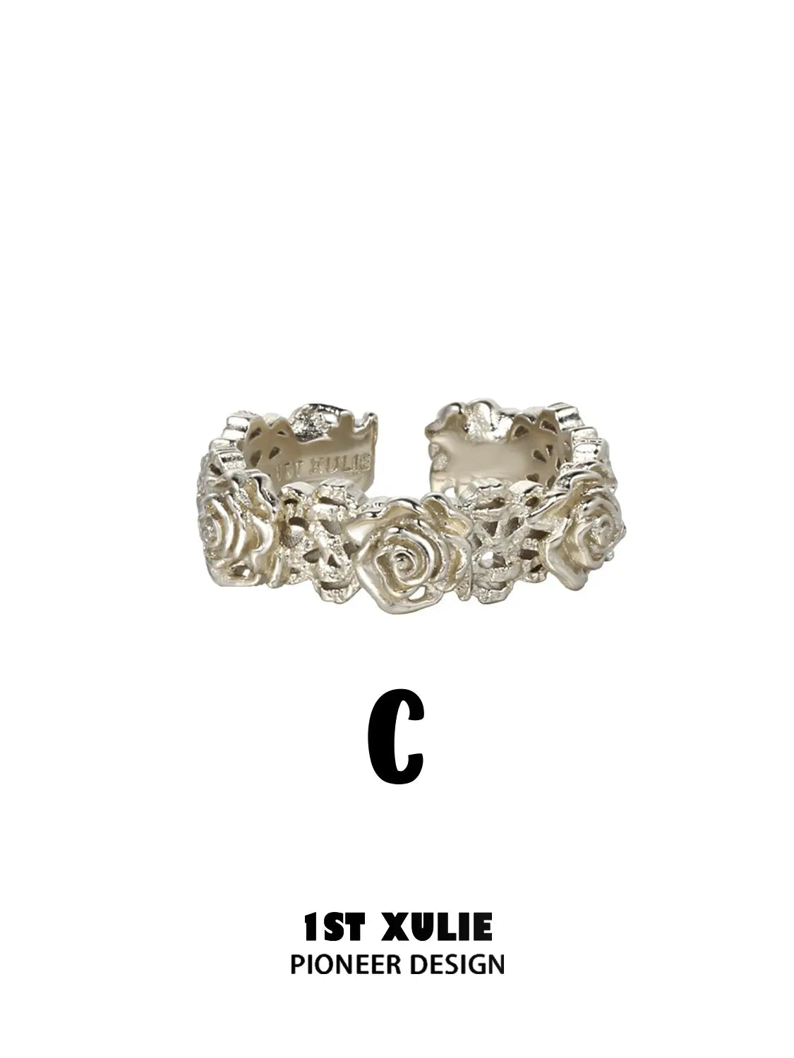 1ST XULIE Jewelry "Lace Rose" Vintage Floral Lace Rose Adjustable Ring in Light Gold Plated Brass - Lifestyle Shot
