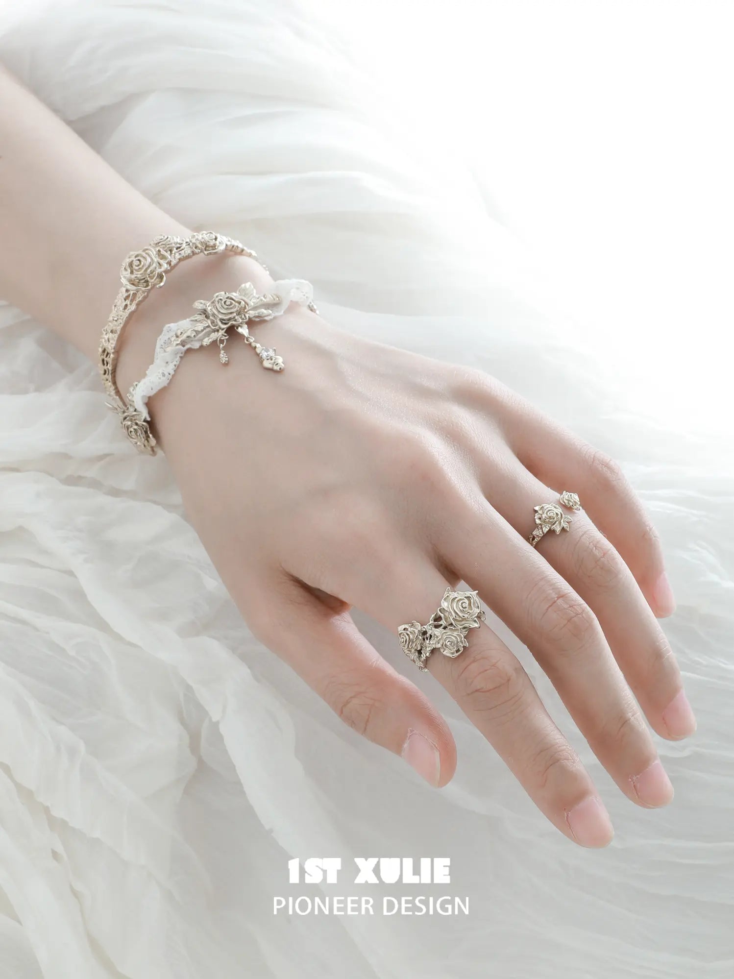 1ST XULIE Jewelry "Lace Rose" Vintage Floral Lace Rose Adjustable Ring in Light Gold Plated Brass - On Model