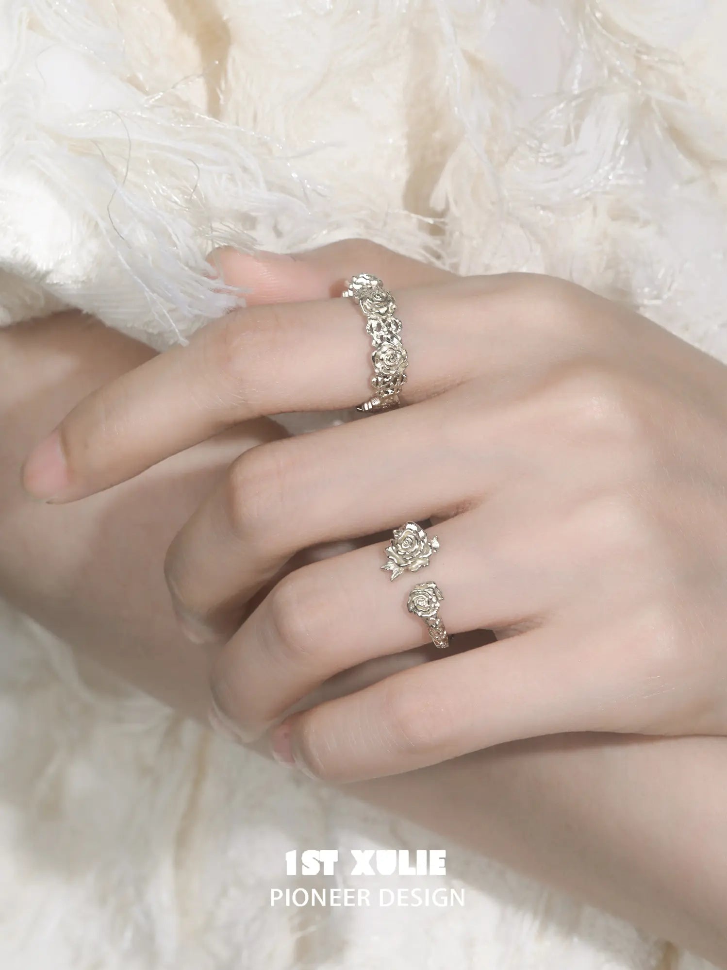 1ST XULIE Jewelry "Lace Rose" Vintage Floral Lace Rose Adjustable Ring in Light Gold Plated Brass - Detail Shot