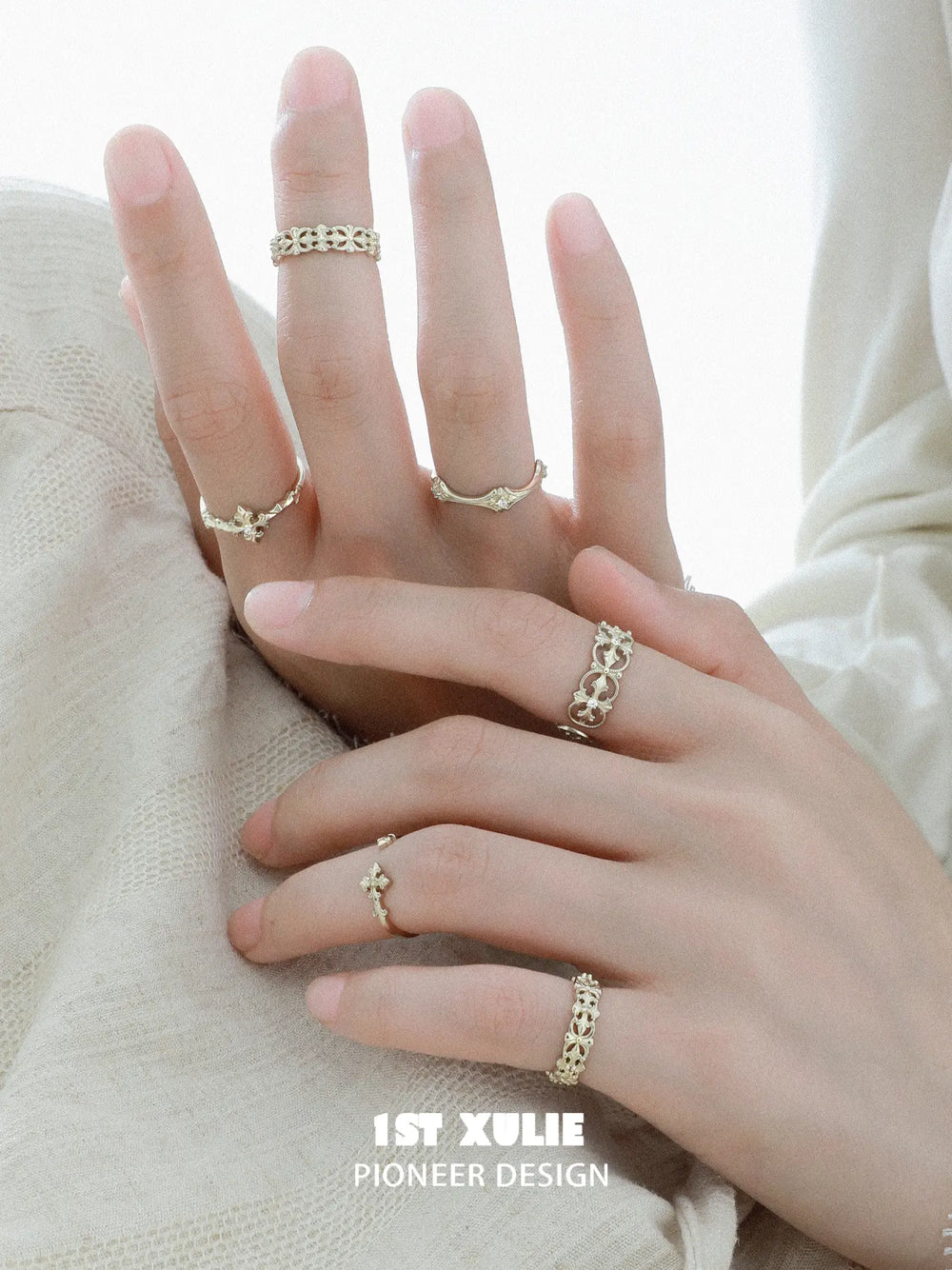 1ST XULIE Jewelry "Bastet" Vintage Iris Adjustable Pinky Ring in 925 Sterling Silver - On Model