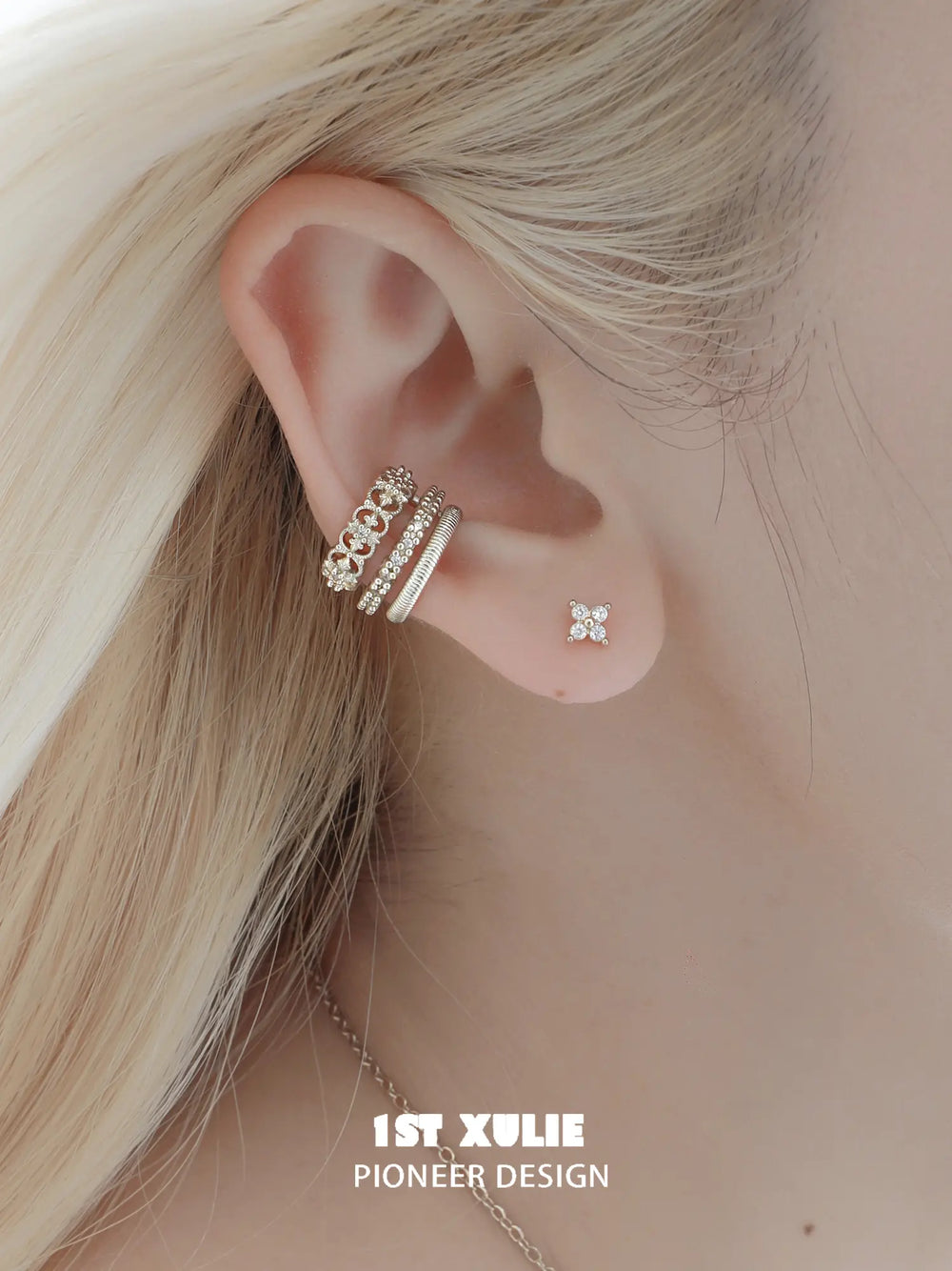1ST XULIE "Bastet" Vintage Iris Ear Cuffs in Platinum Plated - On Model Close Up