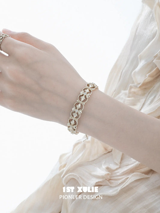 1ST XULIE Jewelry "Bastet" Vintage Iris Statement Bracelet in Brass - Lifestyle Shot