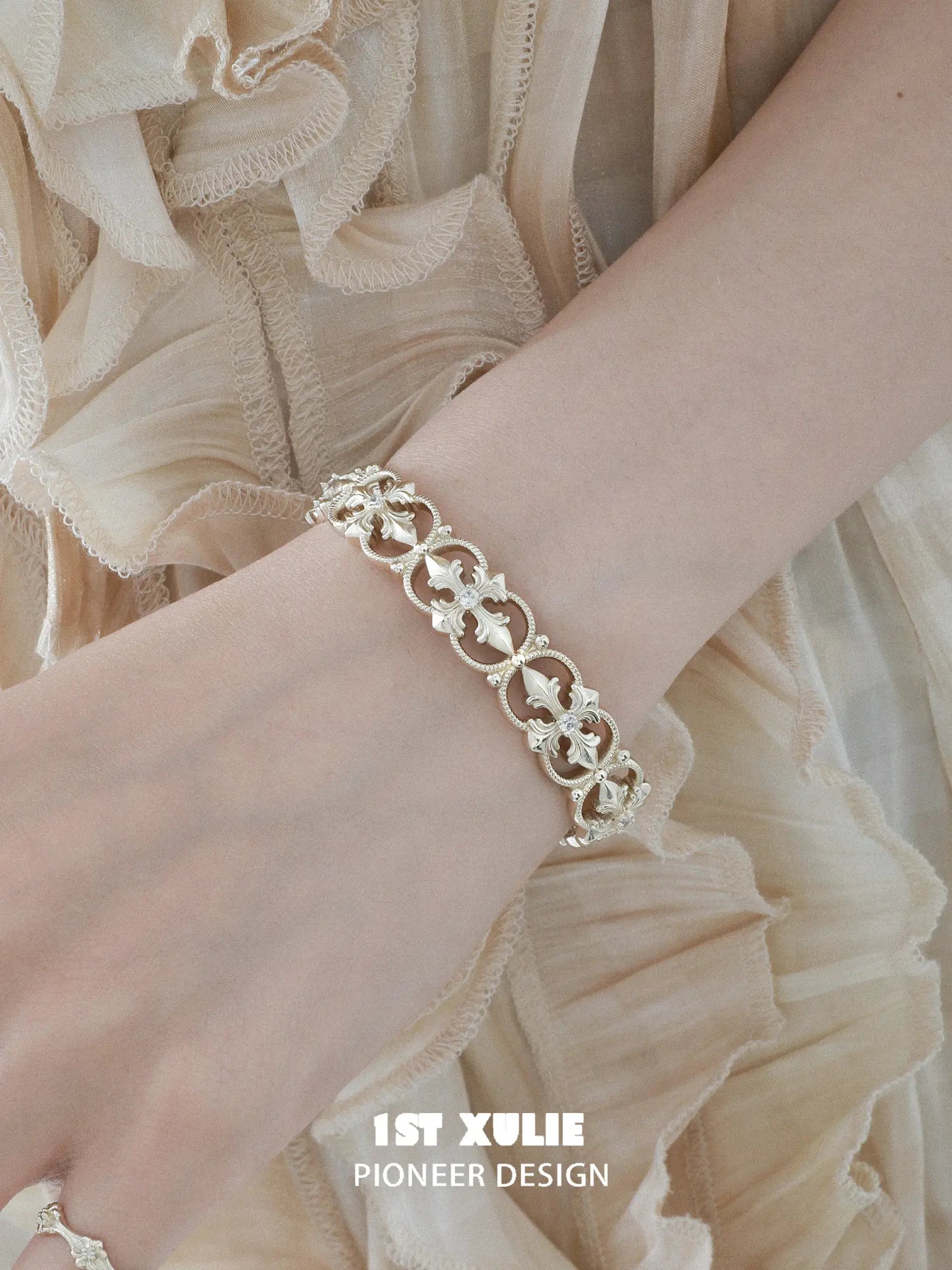 1ST XULIE Jewelry "Bastet" Vintage Iris Statement Bracelet in Brass - On Model