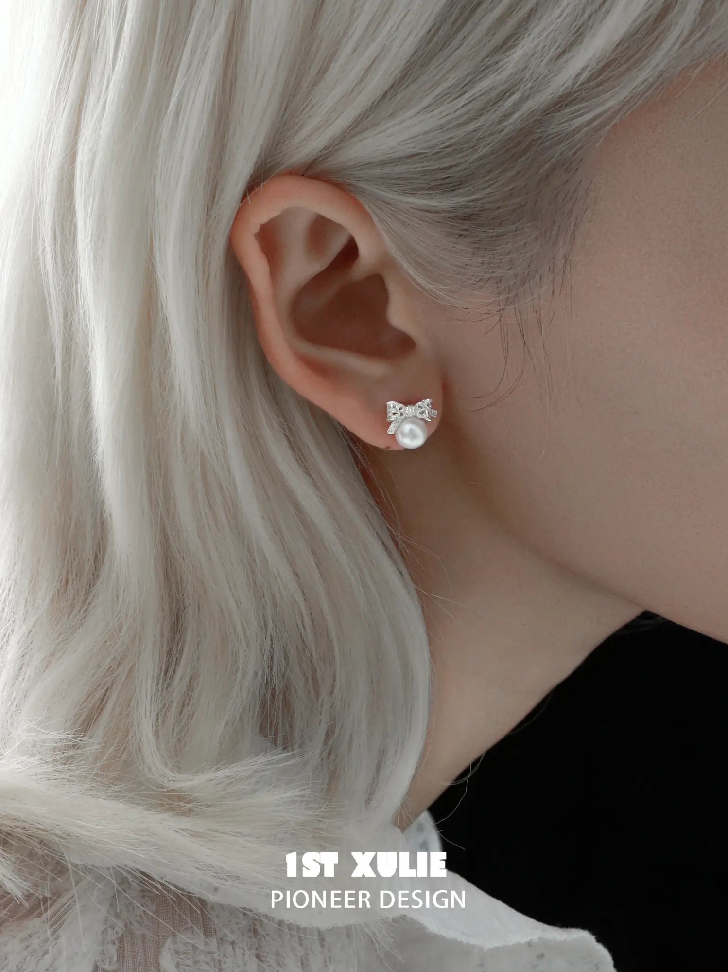 1ST XULIE Jewelry "STARLIGHT LACE" Vintage Lace Bowknot Pearl Stud Earrings in 925 Sterling Silver - Angle View 2