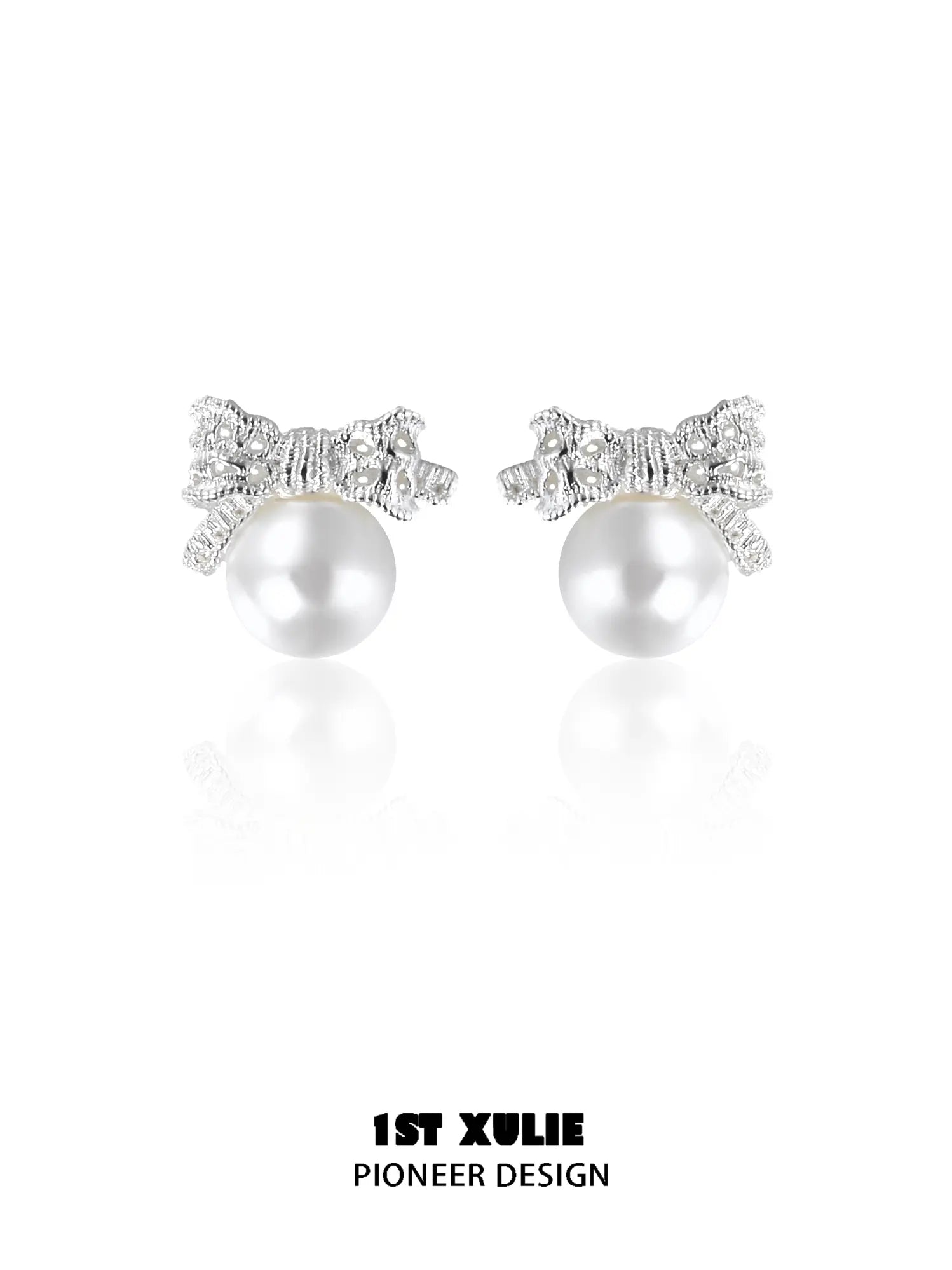 1ST XULIE Jewelry "STARLIGHT LACE" Vintage Lace Bowknot Pearl Stud Earrings in 925 Sterling Silver - Lifestyle Shot