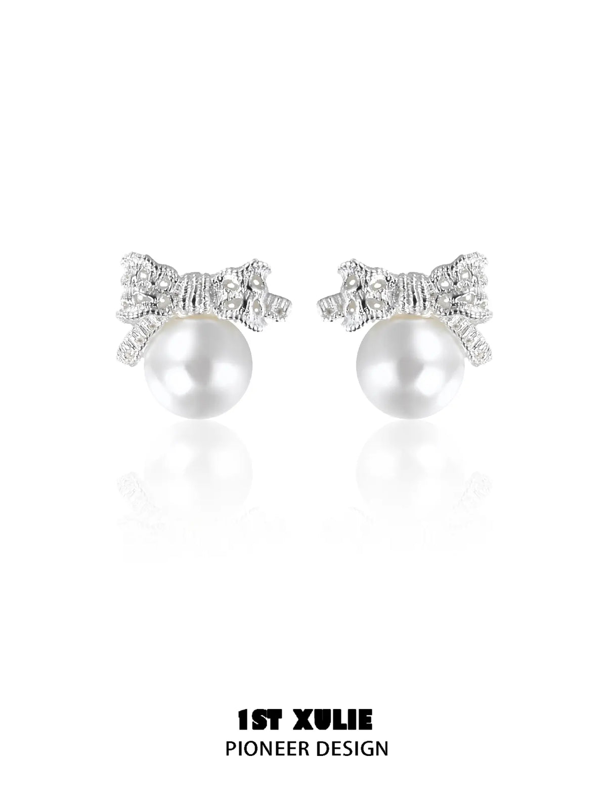 1ST XULIE Jewelry "STARLIGHT LACE" Vintage Lace Bowknot Pearl Stud Earrings in 925 Sterling Silver - Lifestyle Shot