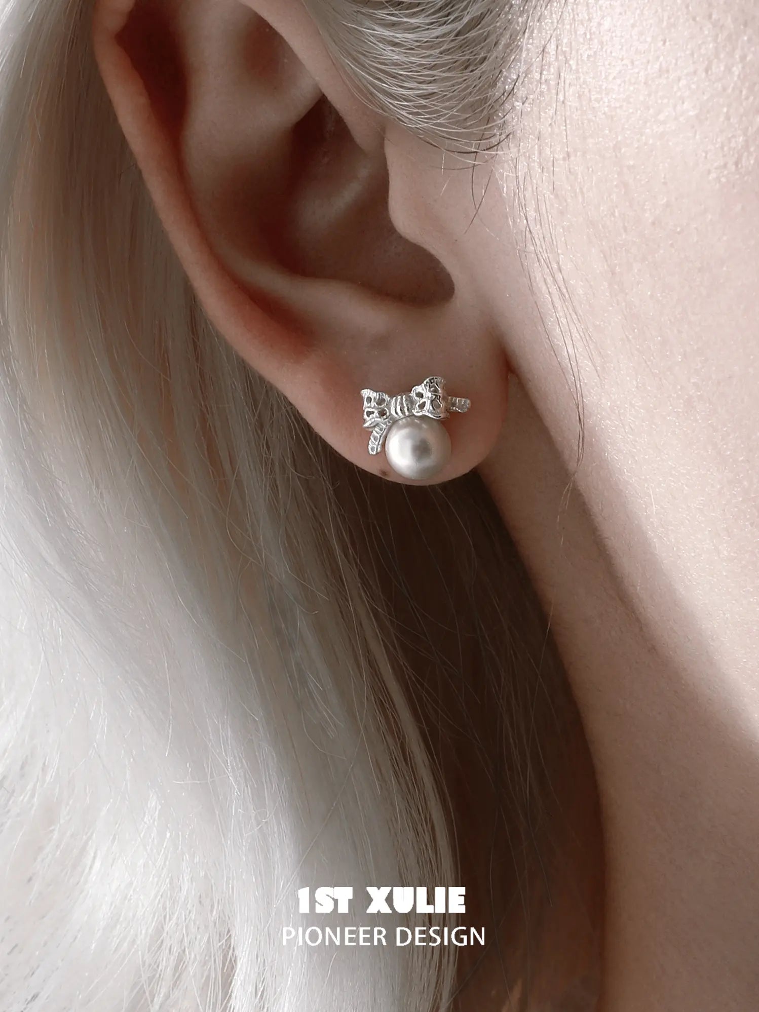 1ST XULIE Jewelry "STARLIGHT LACE" Vintage Lace Bowknot Pearl Stud Earrings in 925 Sterling Silver - Side View