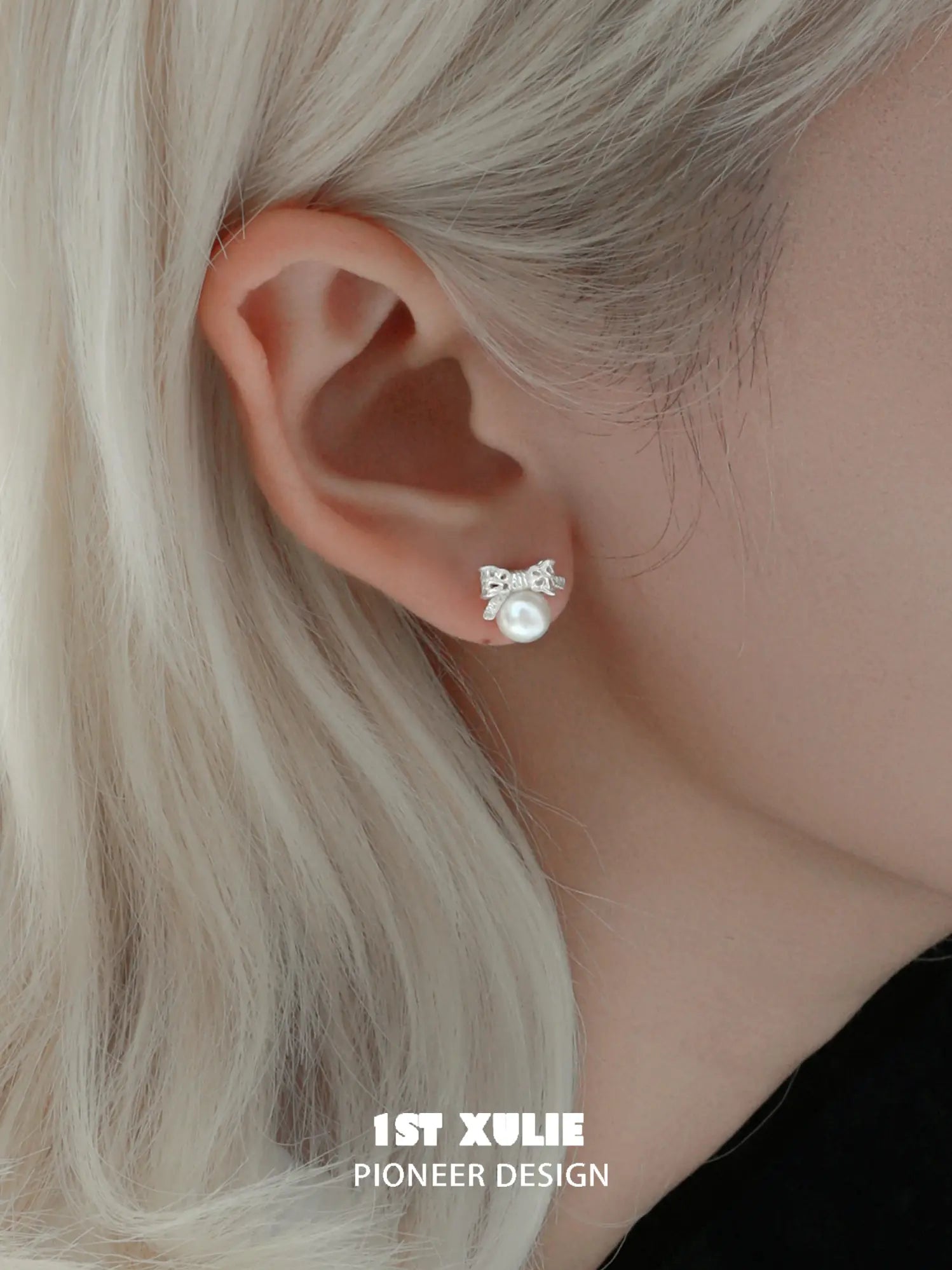 1ST XULIE Jewelry "STARLIGHT LACE" Vintage Lace Bowknot Pearl Stud Earrings in 925 Sterling Silver - Texture Detail