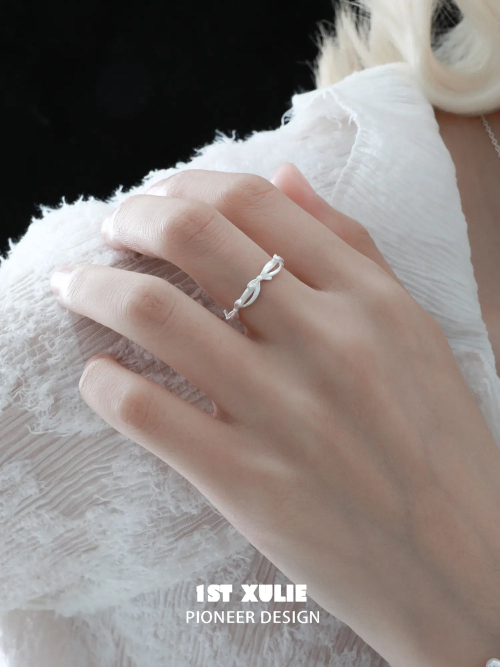 1ST XULIE Jewelry "STARLIGHT LACE" Vintage Lace Bowknot Ring in 925 Sterling Silver - On Model