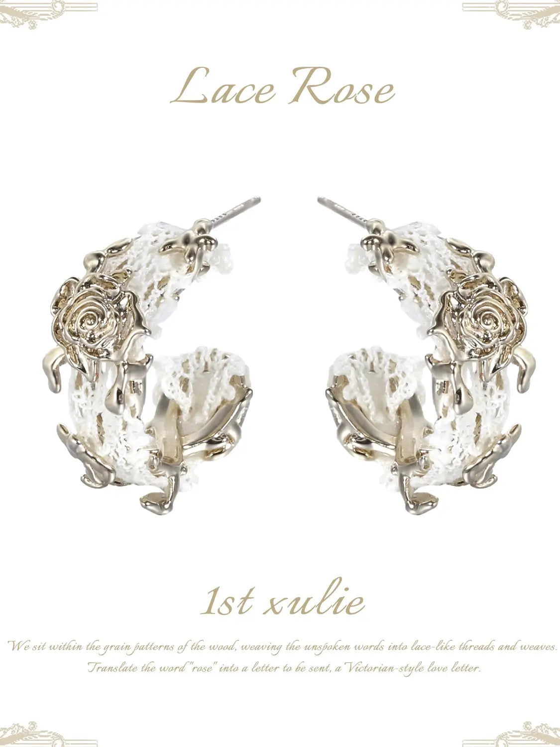 1ST XULIE Jewelry "Lace Rose" Vintage Woven Flower Drop Earrings in 18K Gold Plated - Angle 2