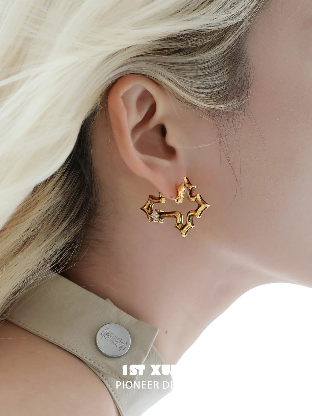 1ST XULIE Jewelry "Bastet" Vintage Zirconia Iris Cross Statement Stud Earrings - Detail Shot