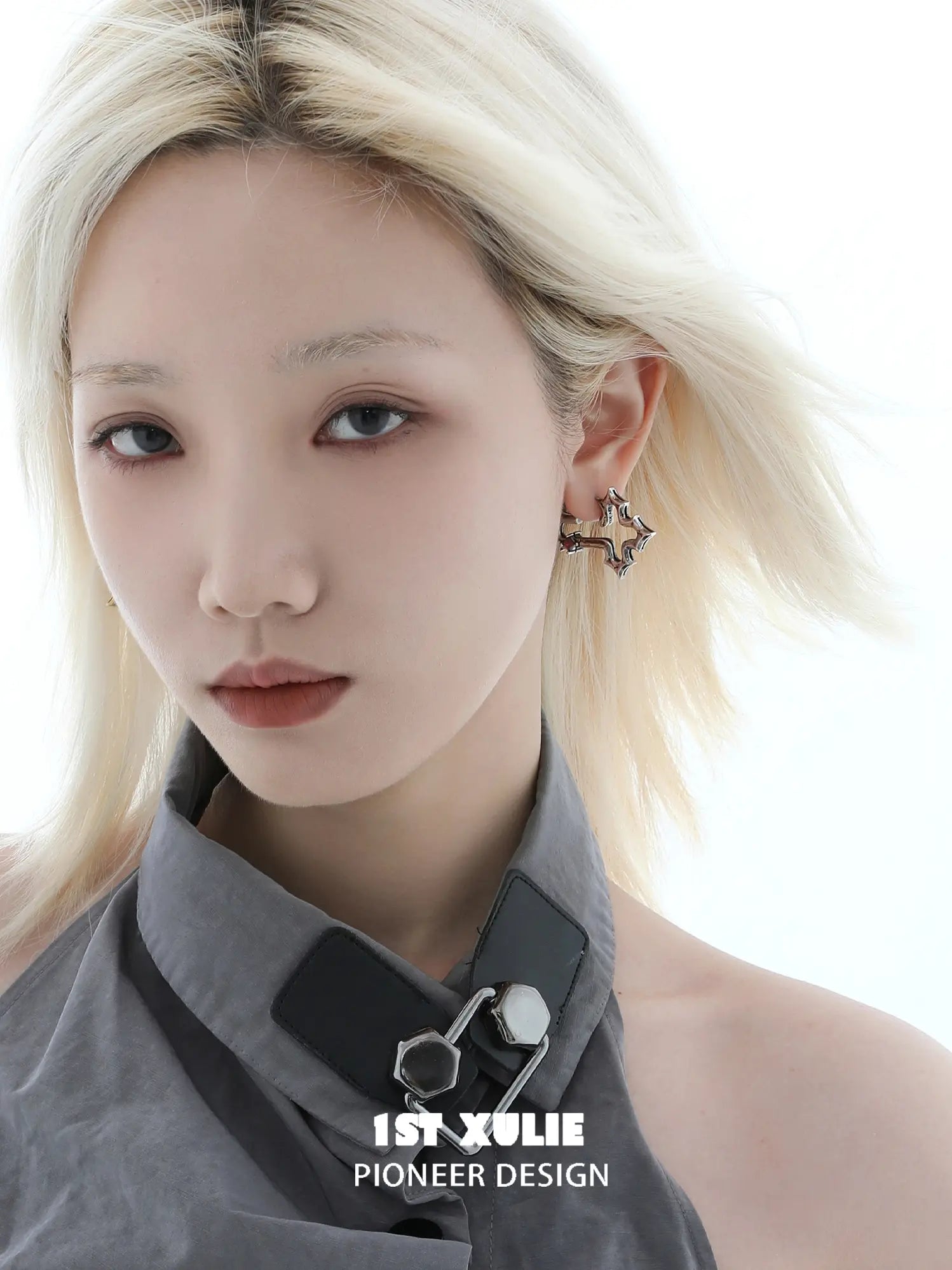 1ST XULIE Jewelry "Bastet" Vintage Zirconia Iris Cross Statement Stud Earrings - On Model Close Up
