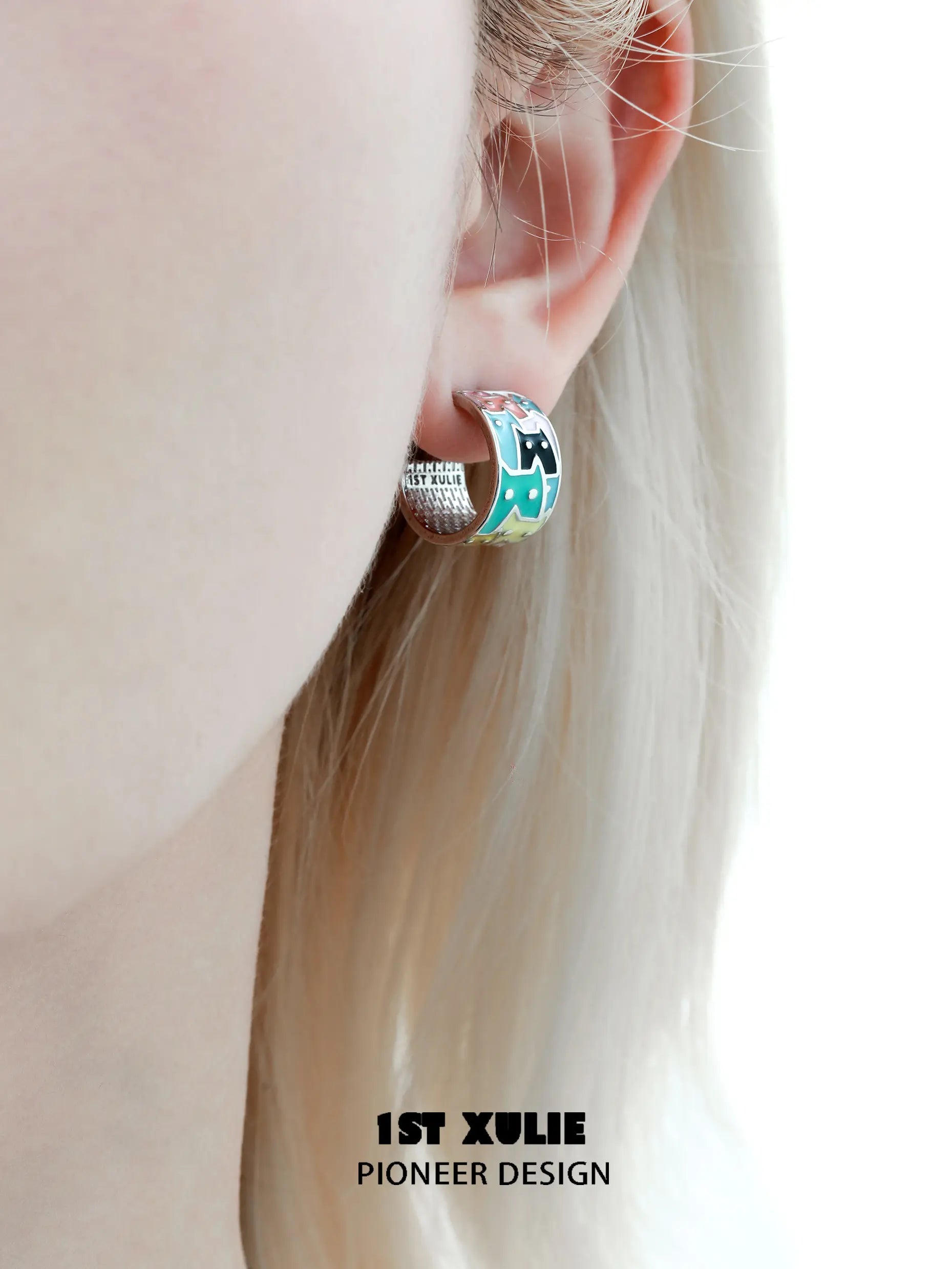 1ST XULIE "Ghosts Black Cat" Whimsical Enamel Black Cat Stud Earrings in Platinum Plated - Side View
