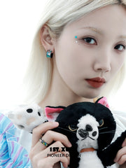 1ST XULIE "Ghosts Black Cat" Whimsical Enamel Black Cat Stud Earrings in Platinum Plated - Angle View
