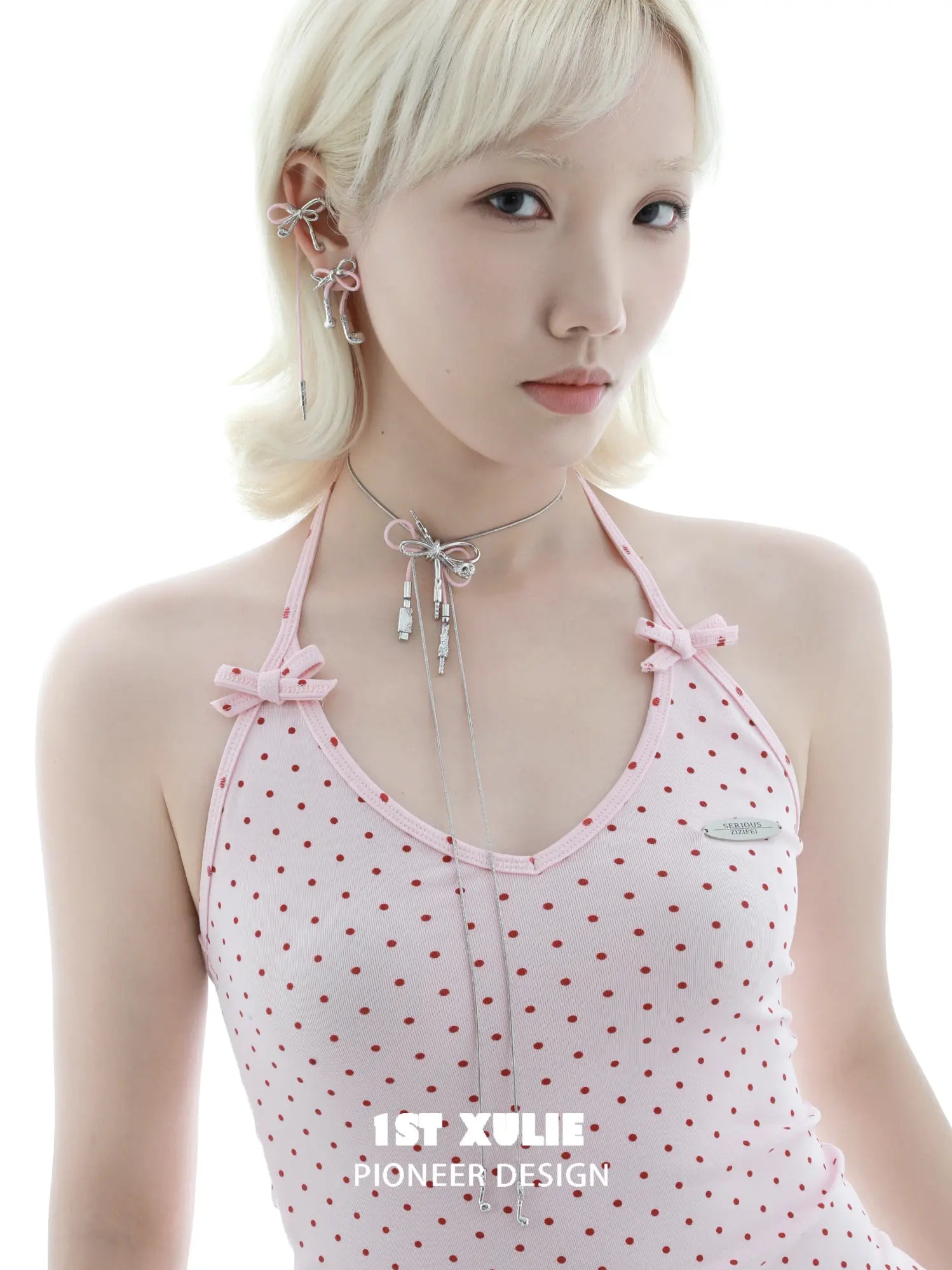 1ST XULIE Jewelry "MILLENNIUM SIGNAL" Y2K Bow Headphone Pendant Necklace in Rhodium Plated Brass - Angle View 2