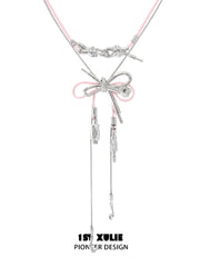 1ST XULIE Jewelry "MILLENNIUM SIGNAL" Y2K Bow Headphone Pendant Necklace in Rhodium Plated Brass - Full Product View
