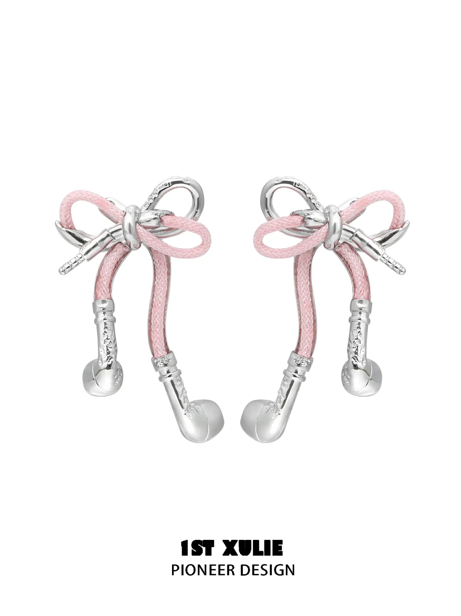 1ST XULIE Jewelry "MILLENNIUM SIGNAL" Y2K Bowknot Earphone Drop Earrings in Platinum Plated Brass - Lifestyle Shot