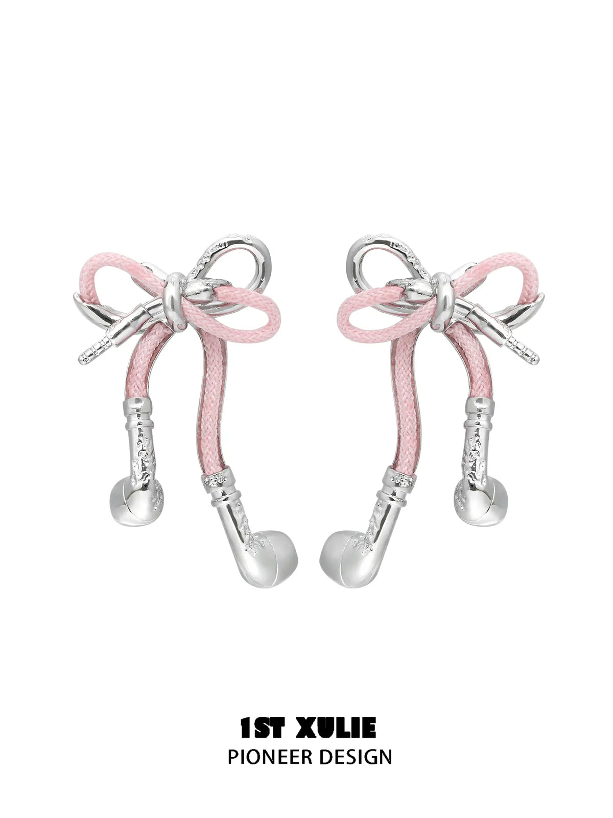 1ST XULIE Jewelry "MILLENNIUM SIGNAL" Y2K Bowknot Earphone Drop Earrings in Platinum Plated Brass - Lifestyle Shot