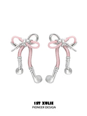 1ST XULIE Jewelry "MILLENNIUM SIGNAL" Y2K Bowknot Earphone Drop Earrings in Platinum Plated Brass - Lifestyle Shot