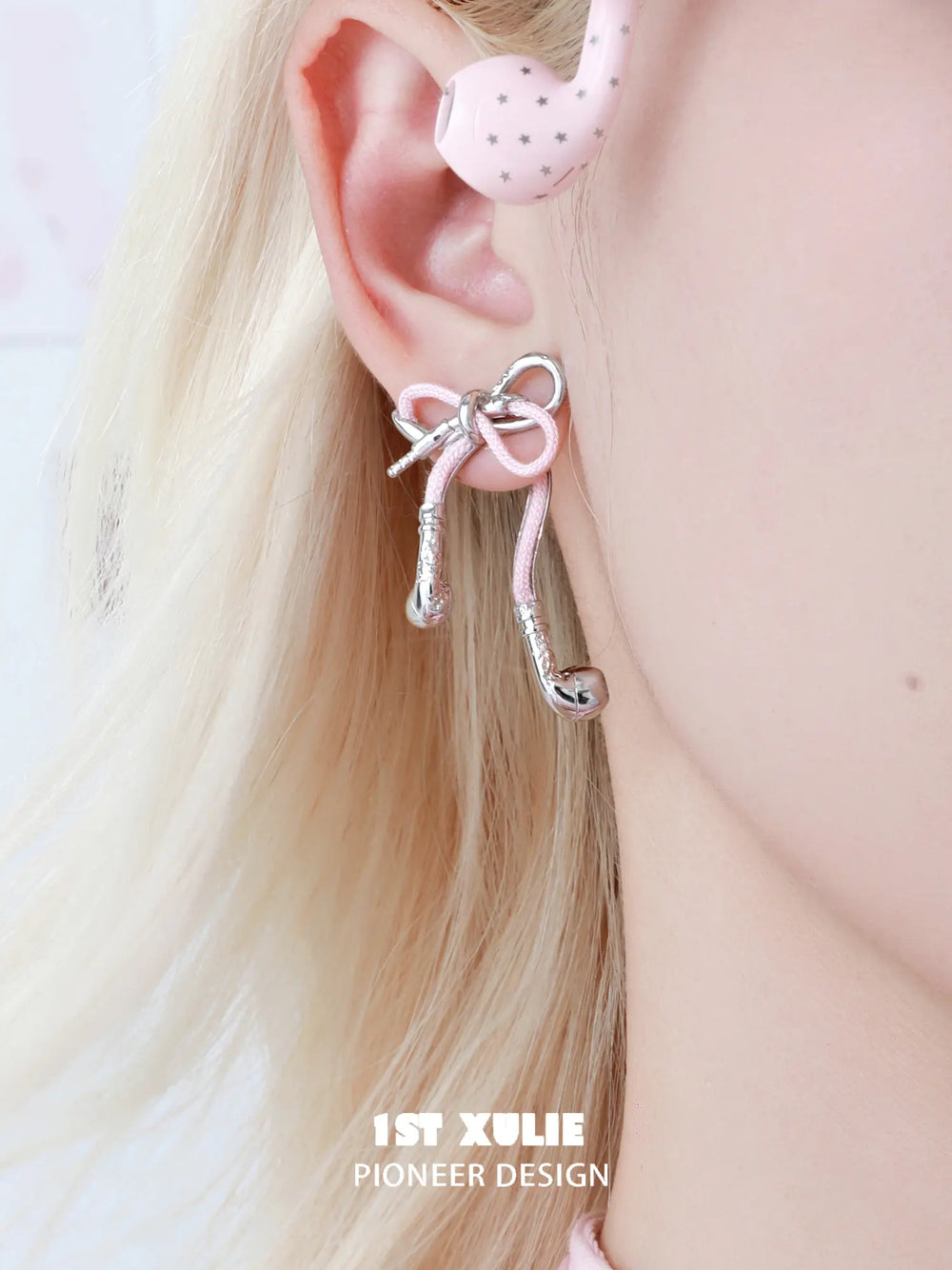1ST XULIE Jewelry "MILLENNIUM SIGNAL" Y2K Bowknot Earphone Drop Earrings in Platinum Plated Brass - On Model