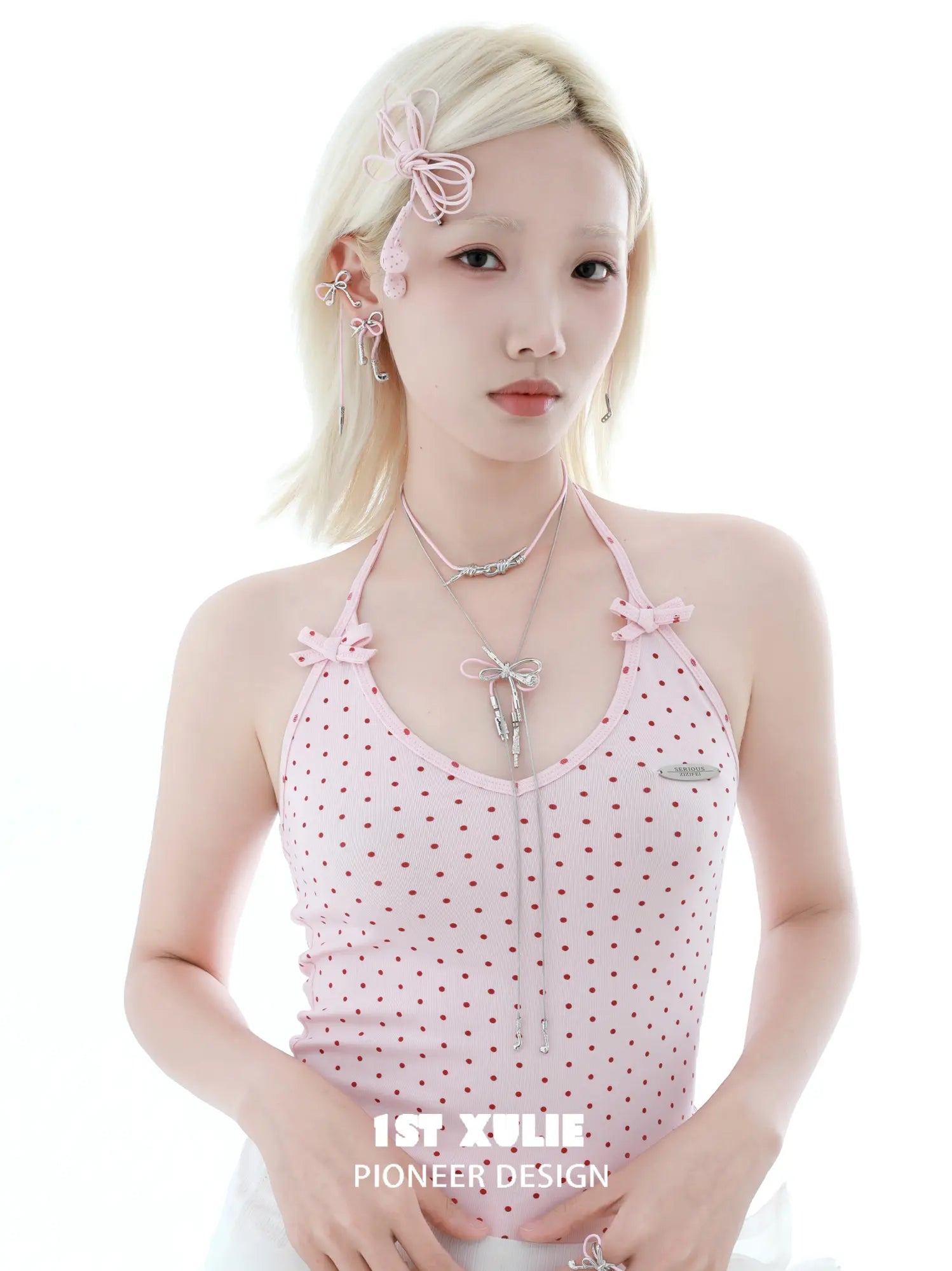 1ST XULIE Jewelry "MILLENNIUM SIGNAL" Y2K Bowknot Earphone Drop Earrings in Platinum Plated Brass - Side View