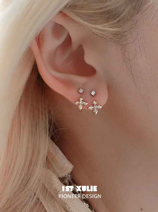 1ST XULIE Jewelry "Bastet" Zirconia Iris Floral Stud Earrings in 18K Gold Plated Brass - Side View